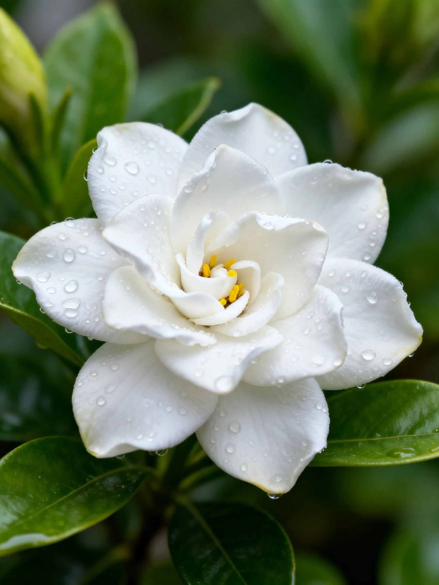 White gardenia flower with water droplets on petals