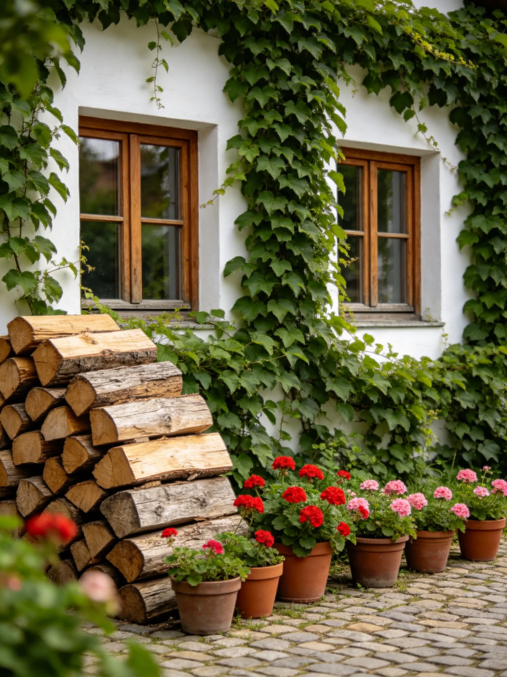 White house with climbing vines, stacked firewood, and terracotta flower pots
