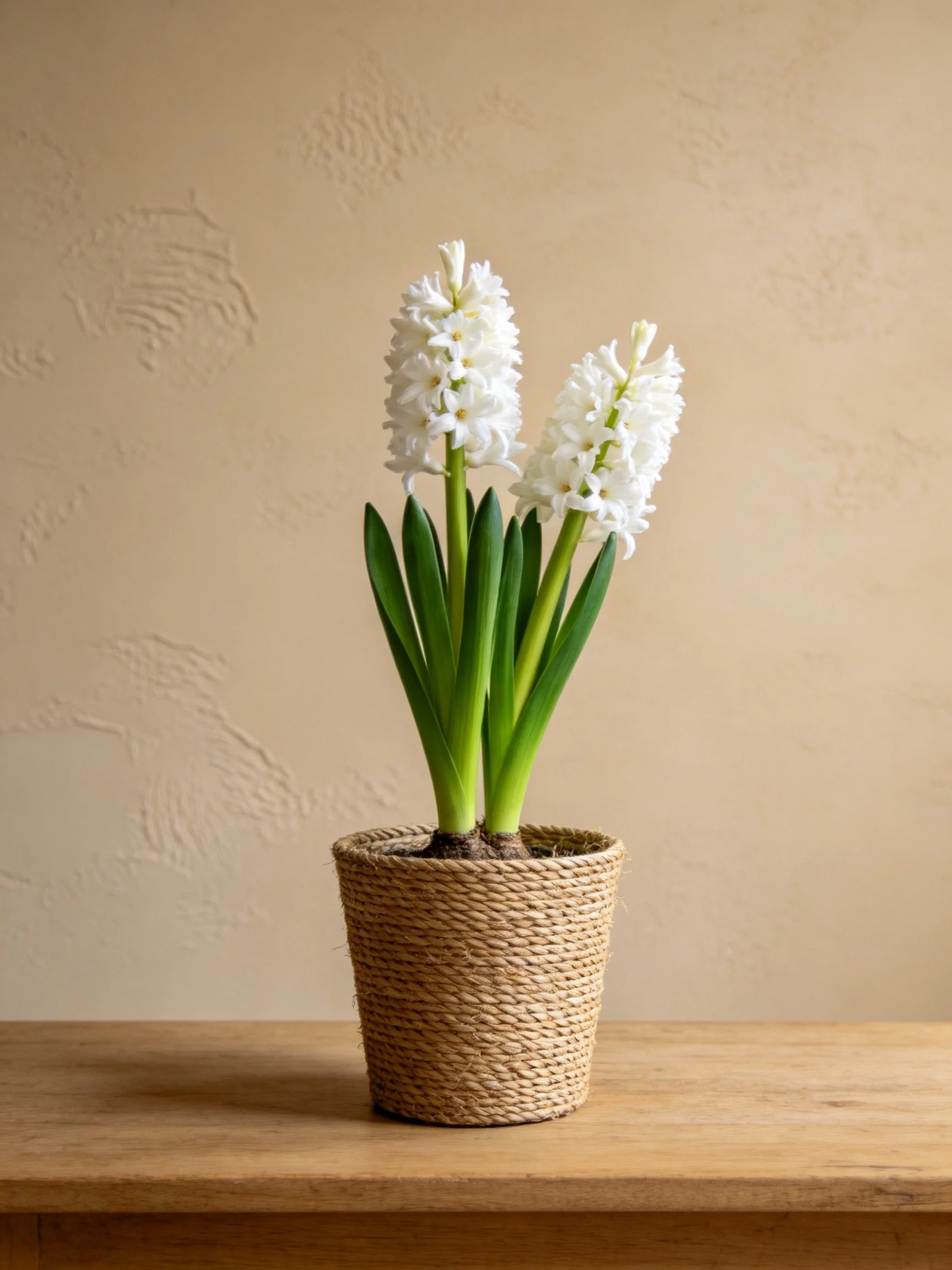 White hyacinth flowers in a braided pot on a wooden surface
