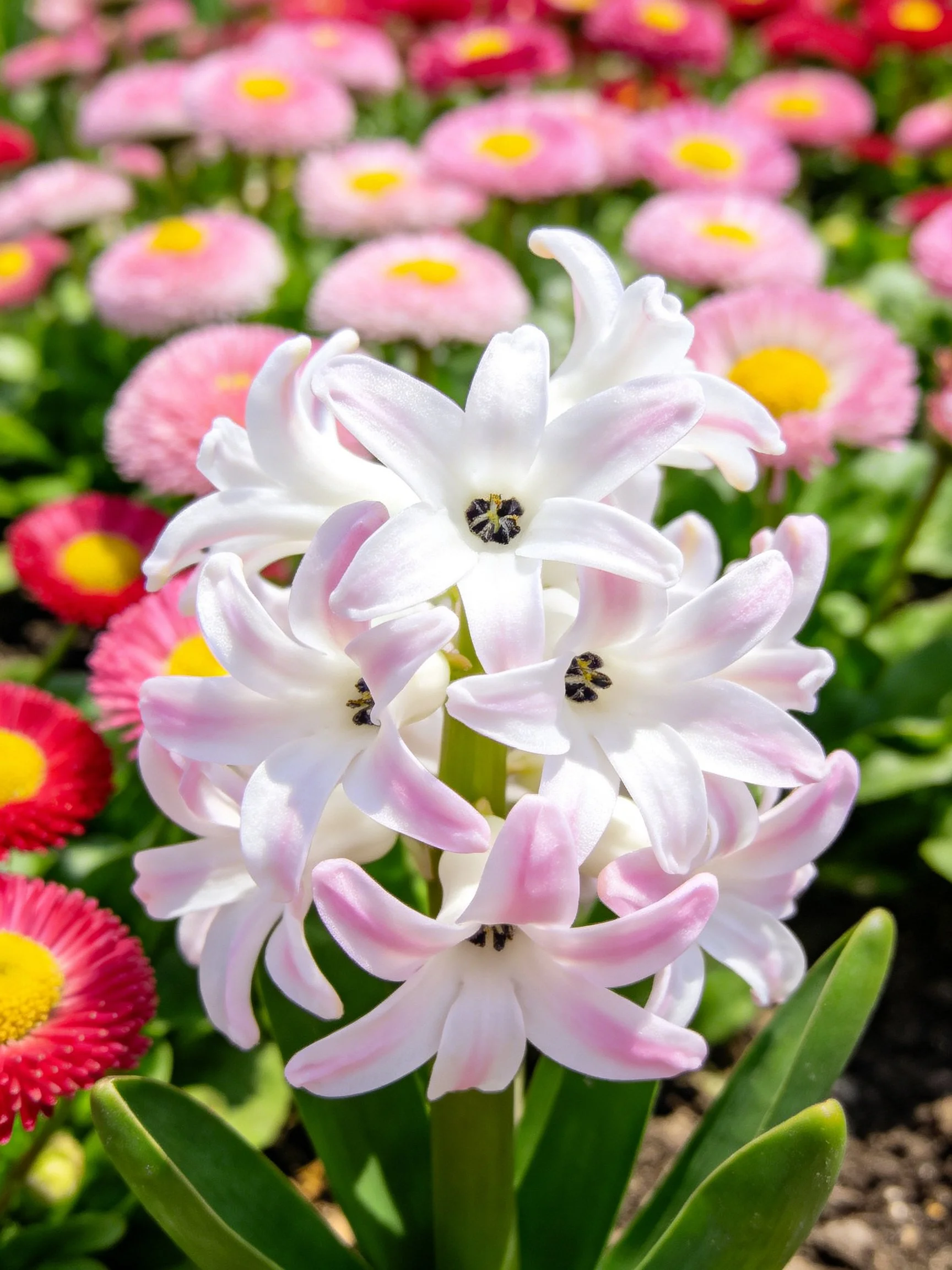 White hyacinth with pink accents among pink and red daisy flowers