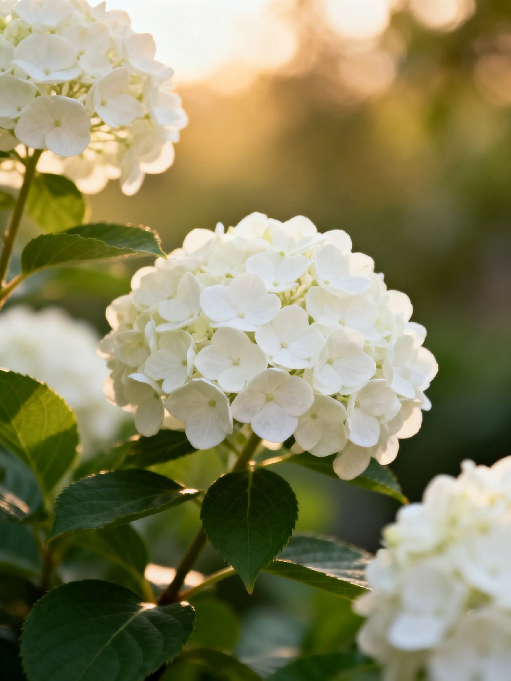 White hydrangea blooms in golden sunlight with green foliage