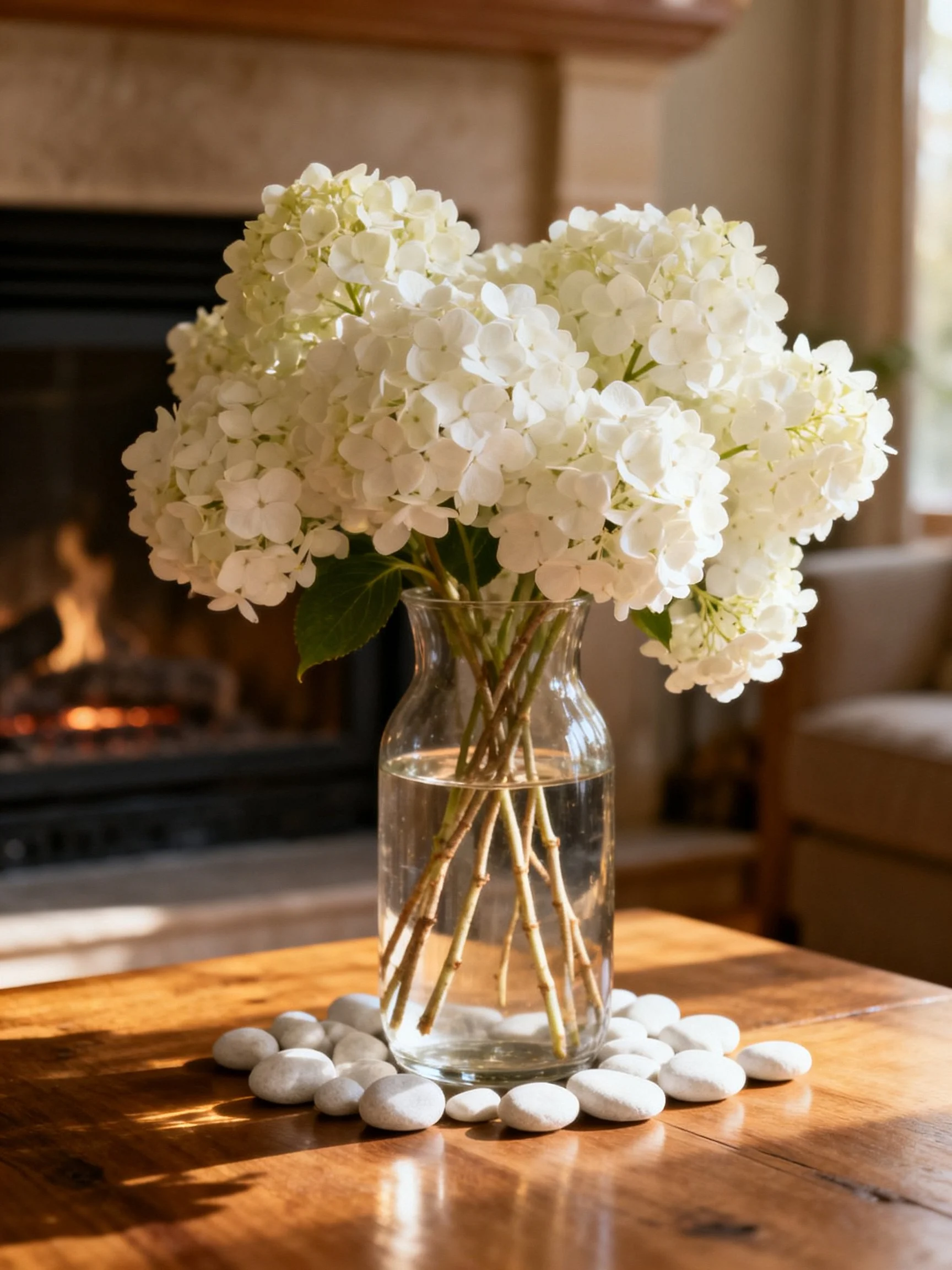White hydrangeas in a glass vase on a wooden table with white stones