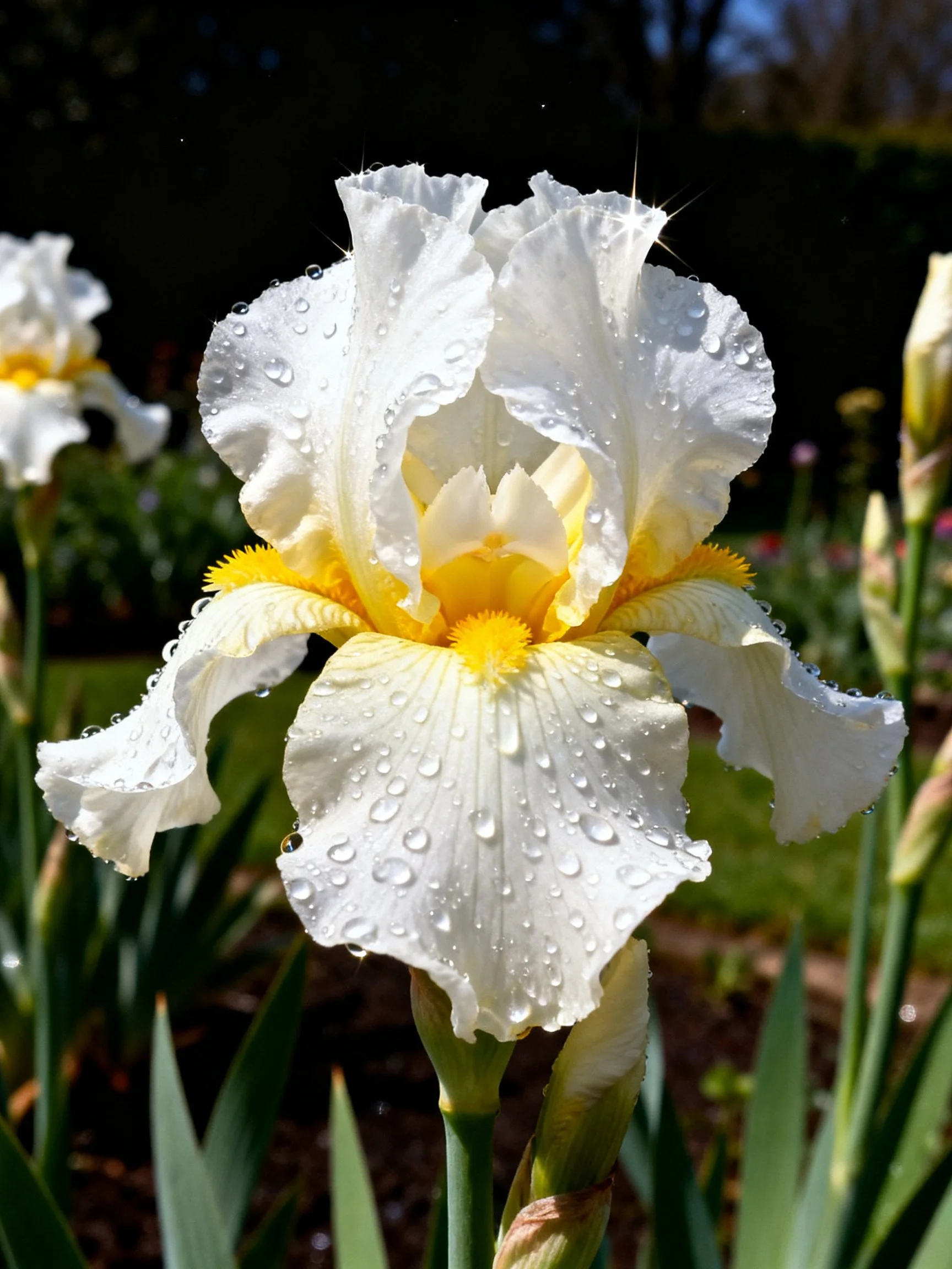 White iris flowers with yellow centers and dewdrops