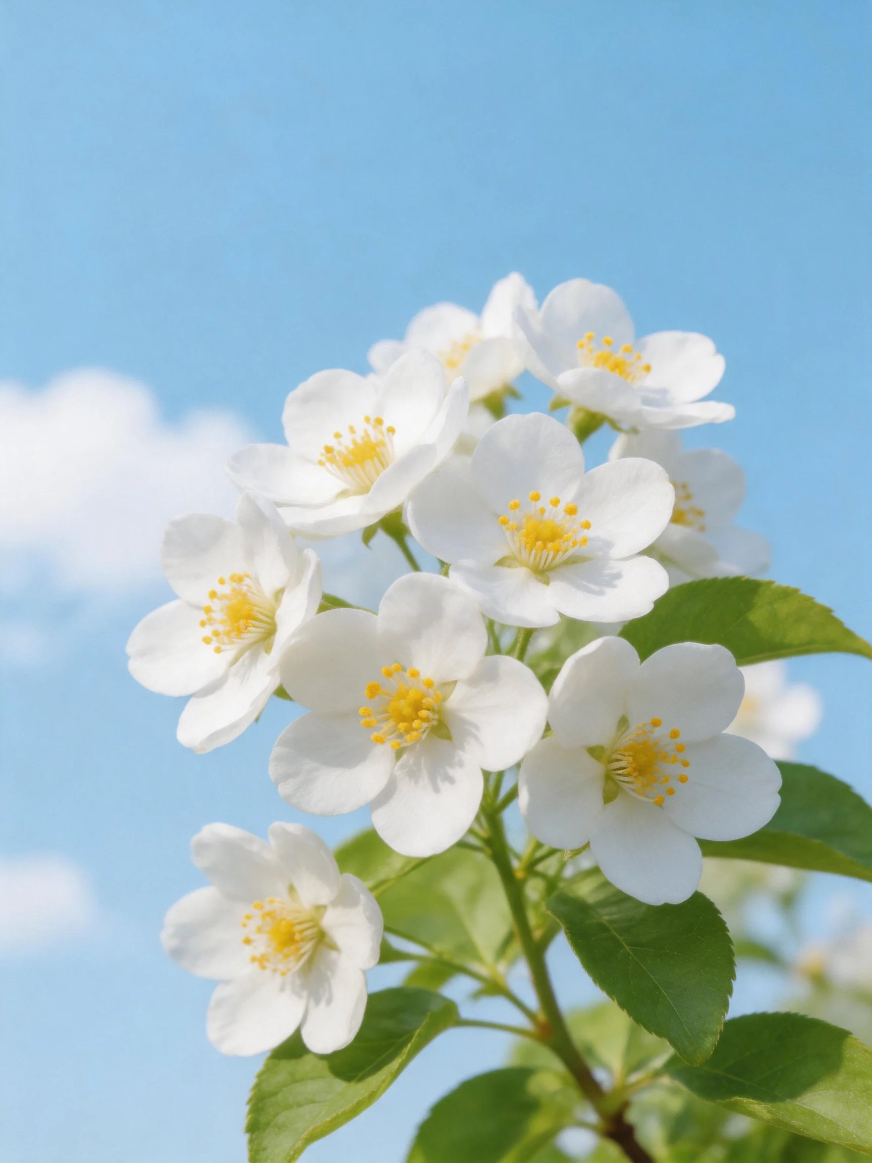 White jasmine flowers cluster with yellow stamens under bright blue sky