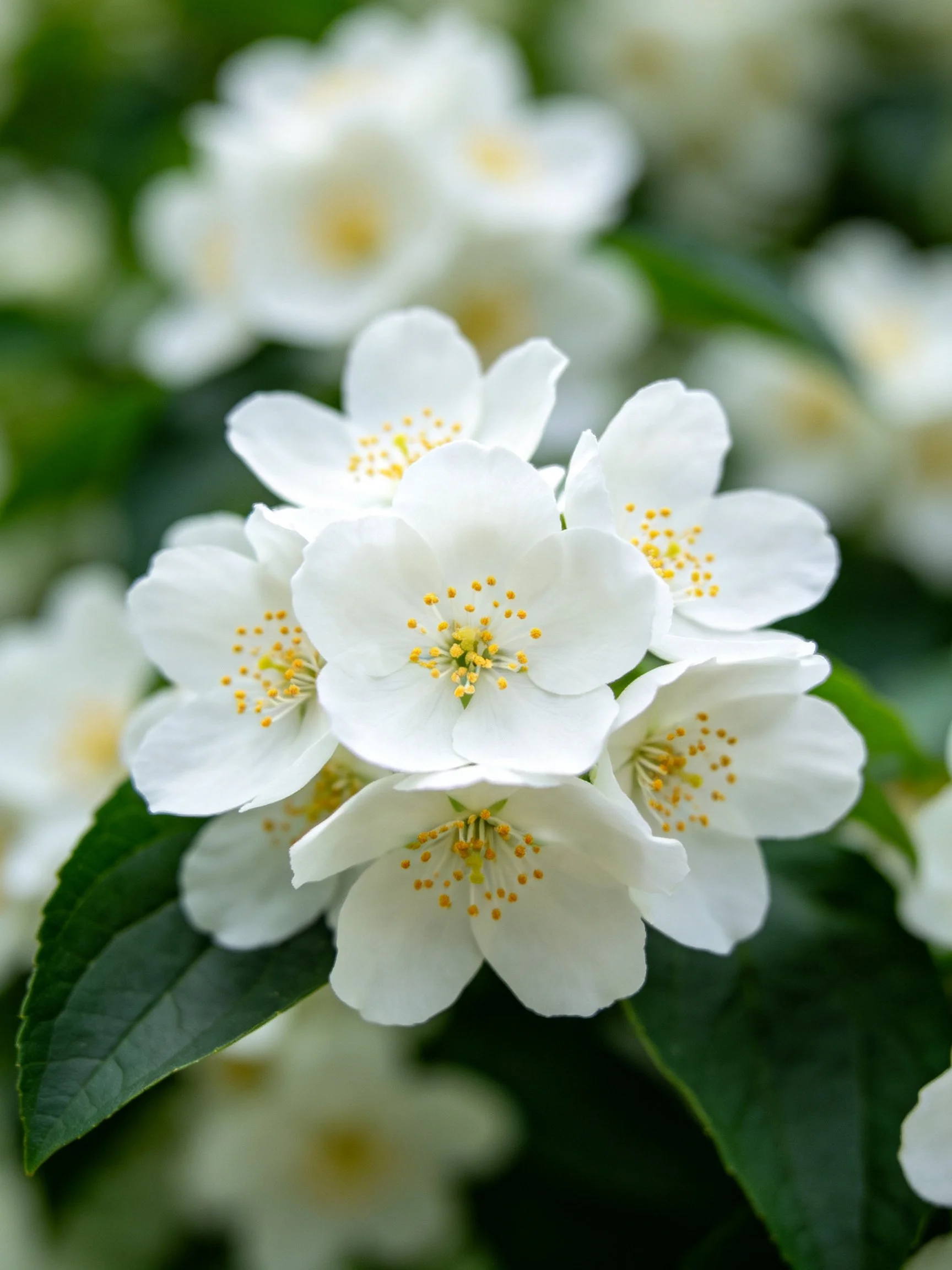 White jasmine flowers clustered with yellow centers and green leaves