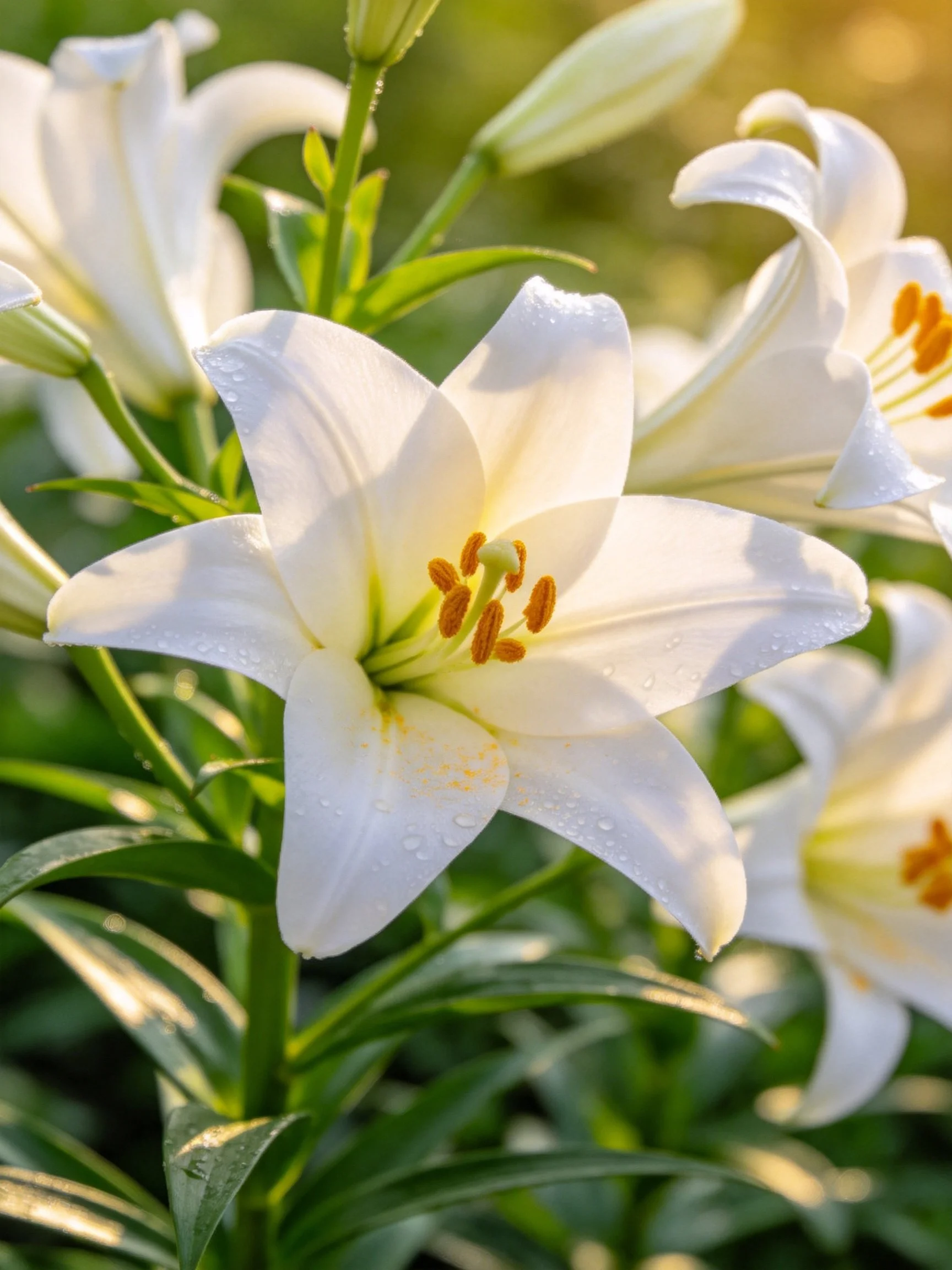 White lilies with dew drops and green foliage