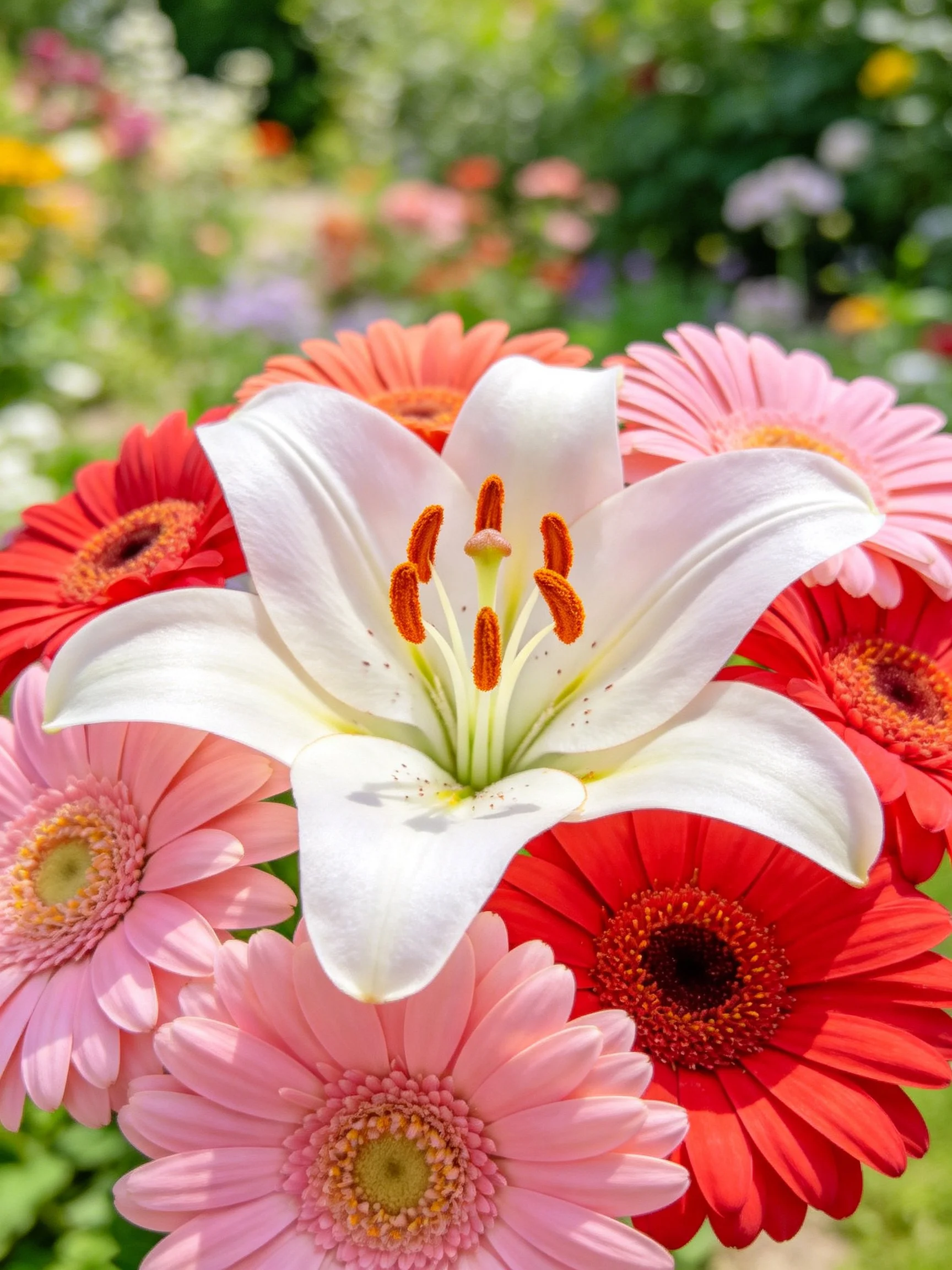 White lily centered amid pink and red gerbera daisies