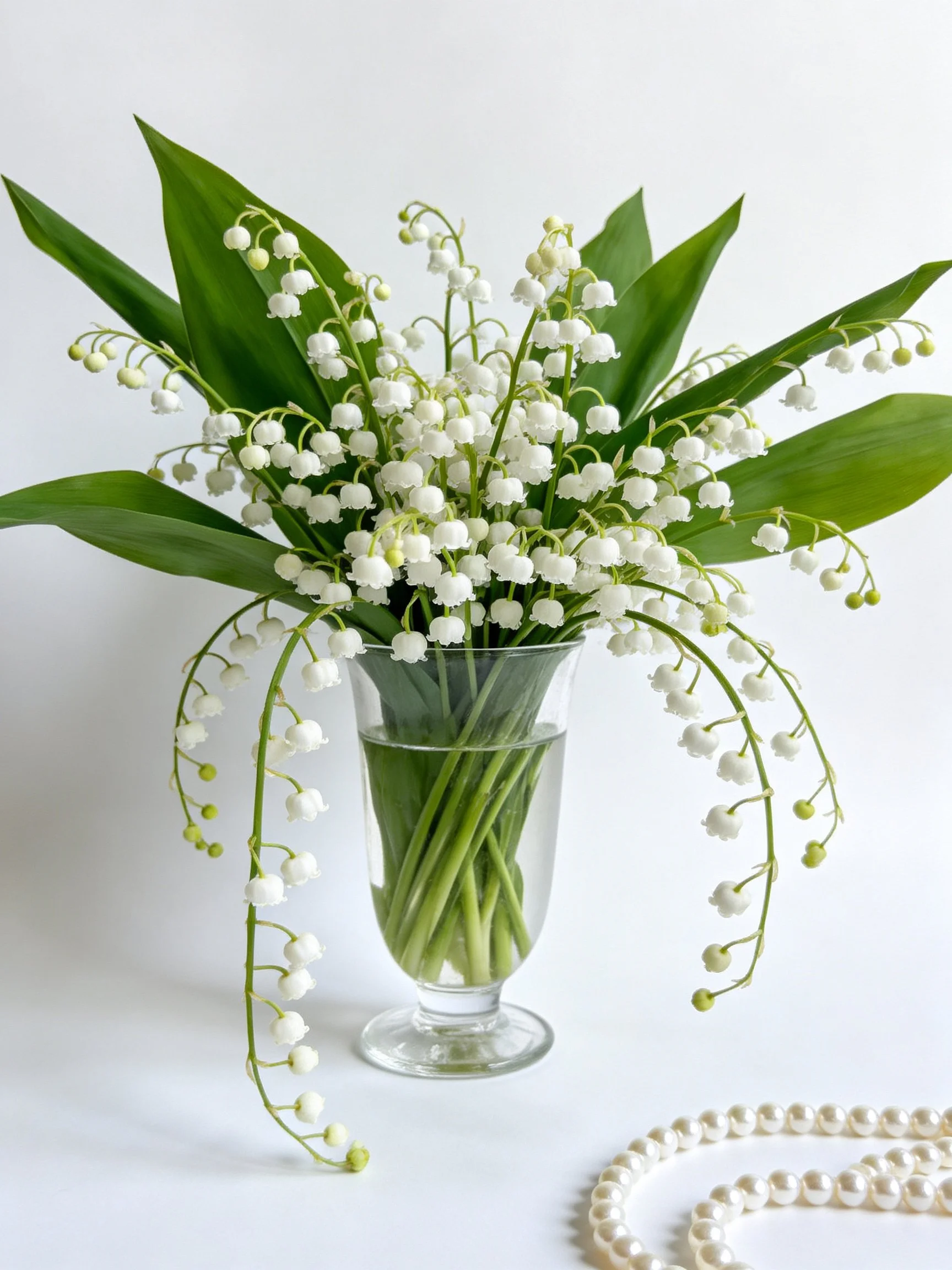 White lily of the valley flowers arranged in a clear glass vase with pearl necklaces nearby