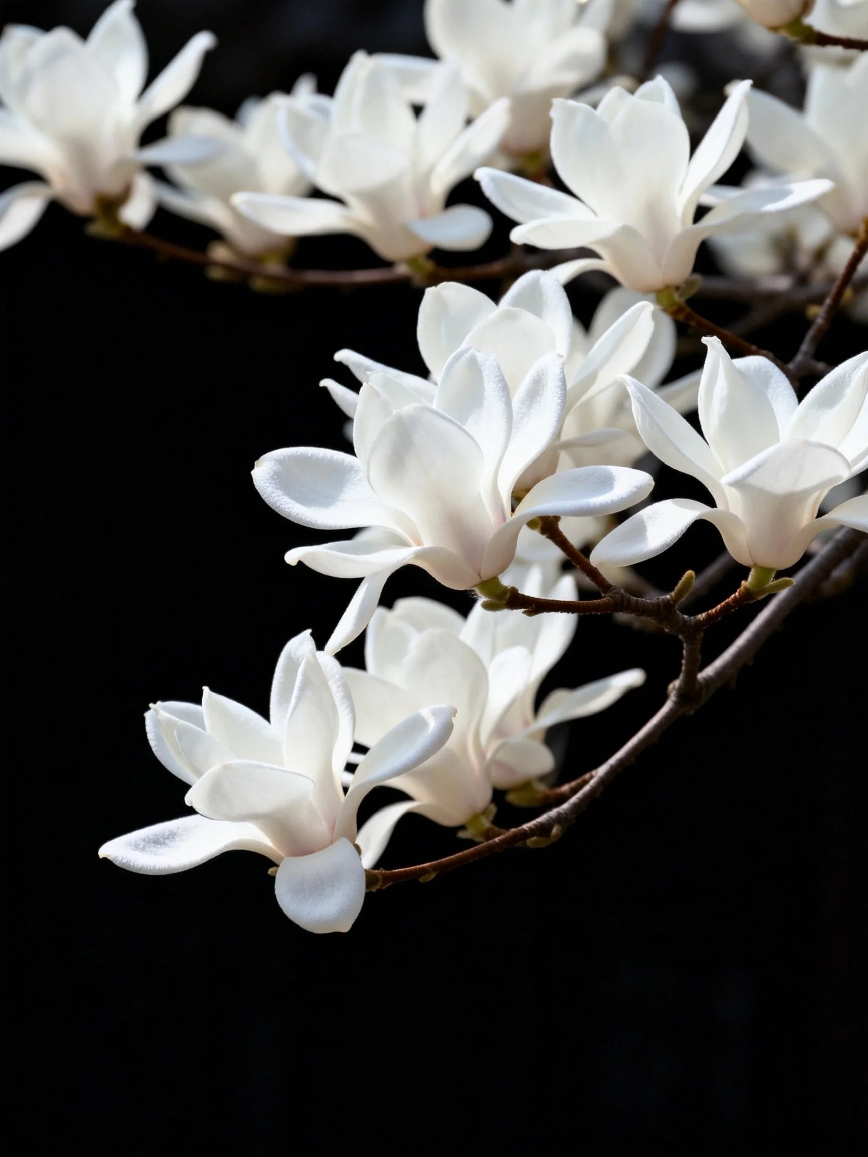 White magnolia blossoms clustered on dark branches