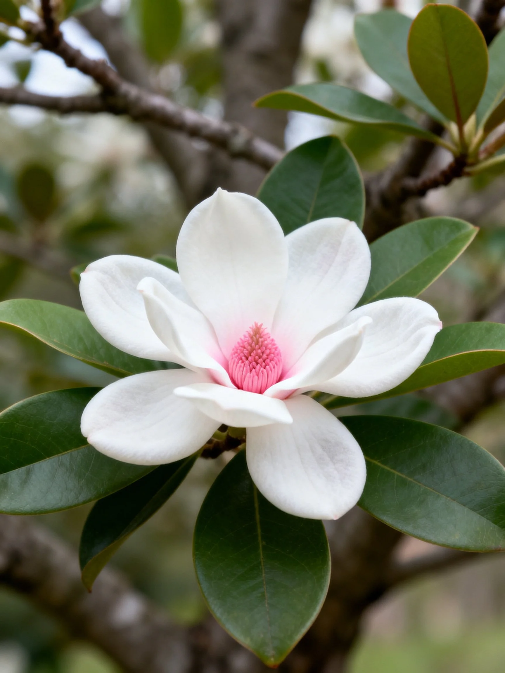 White magnolia flower with pink center amid glossy green leaves