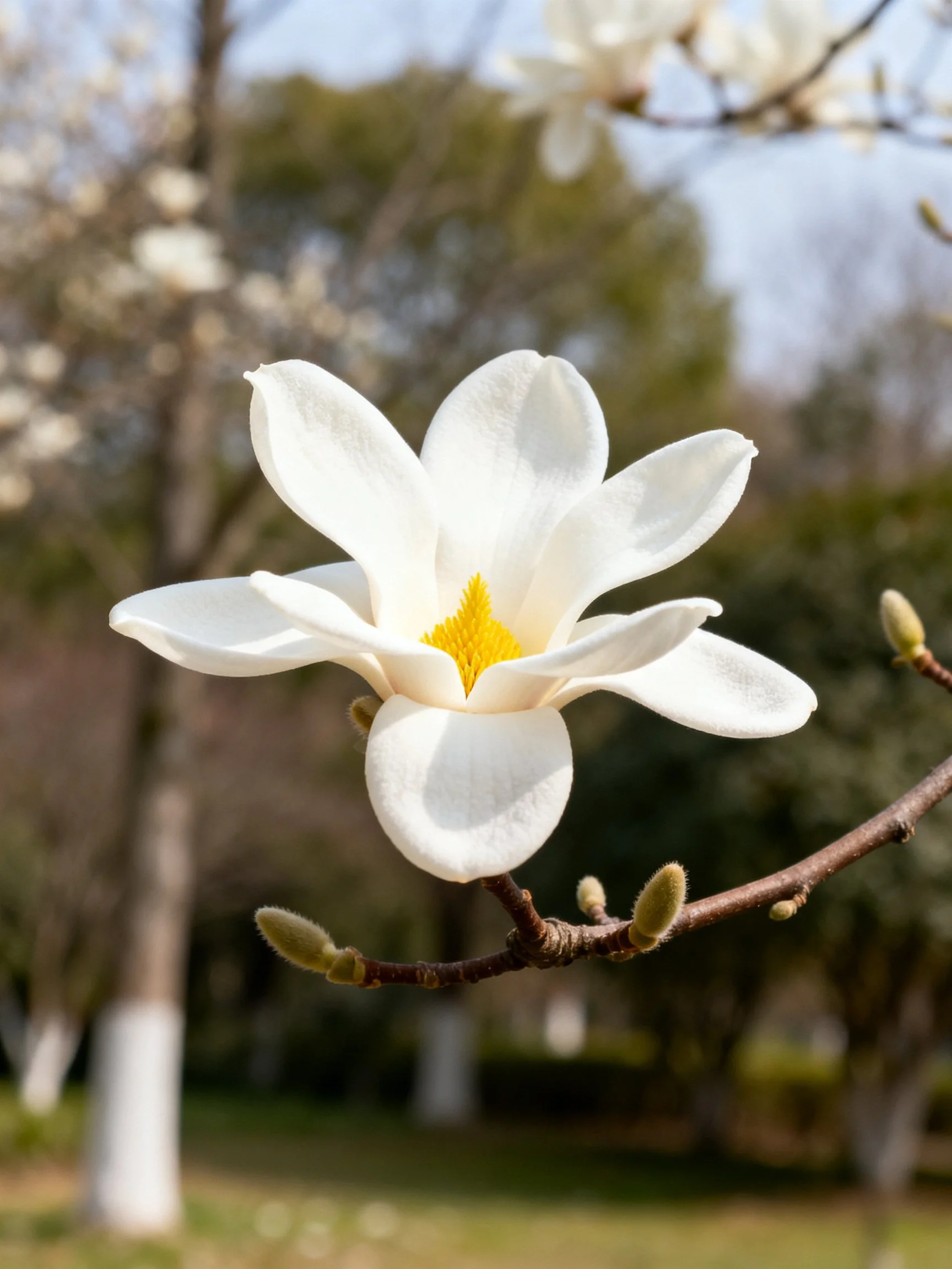 White magnolia flower with yellow center blooming on a tree branch