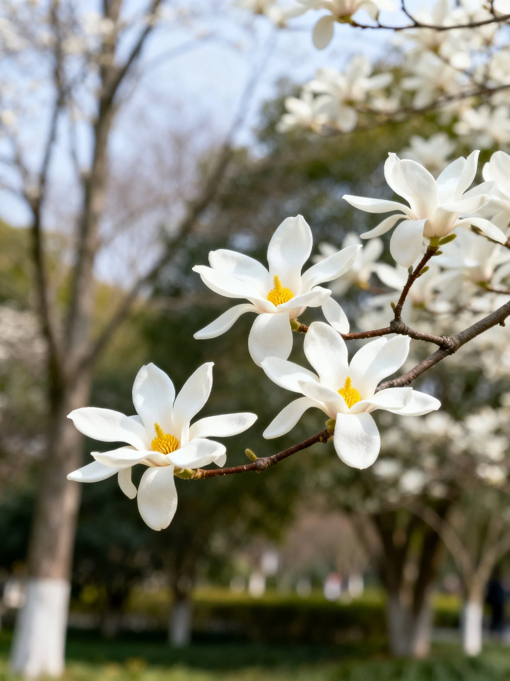 White magnolia flowers bloom on branches in a park landscape