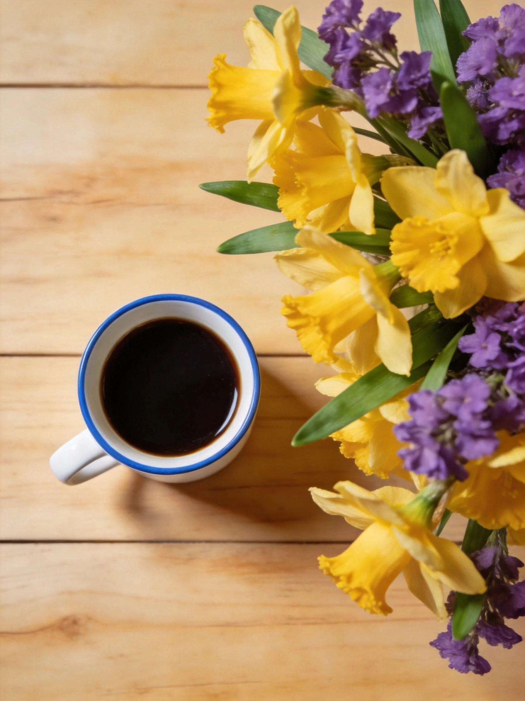White mug with blue rim holds dark liquid near yellow and purple flowers