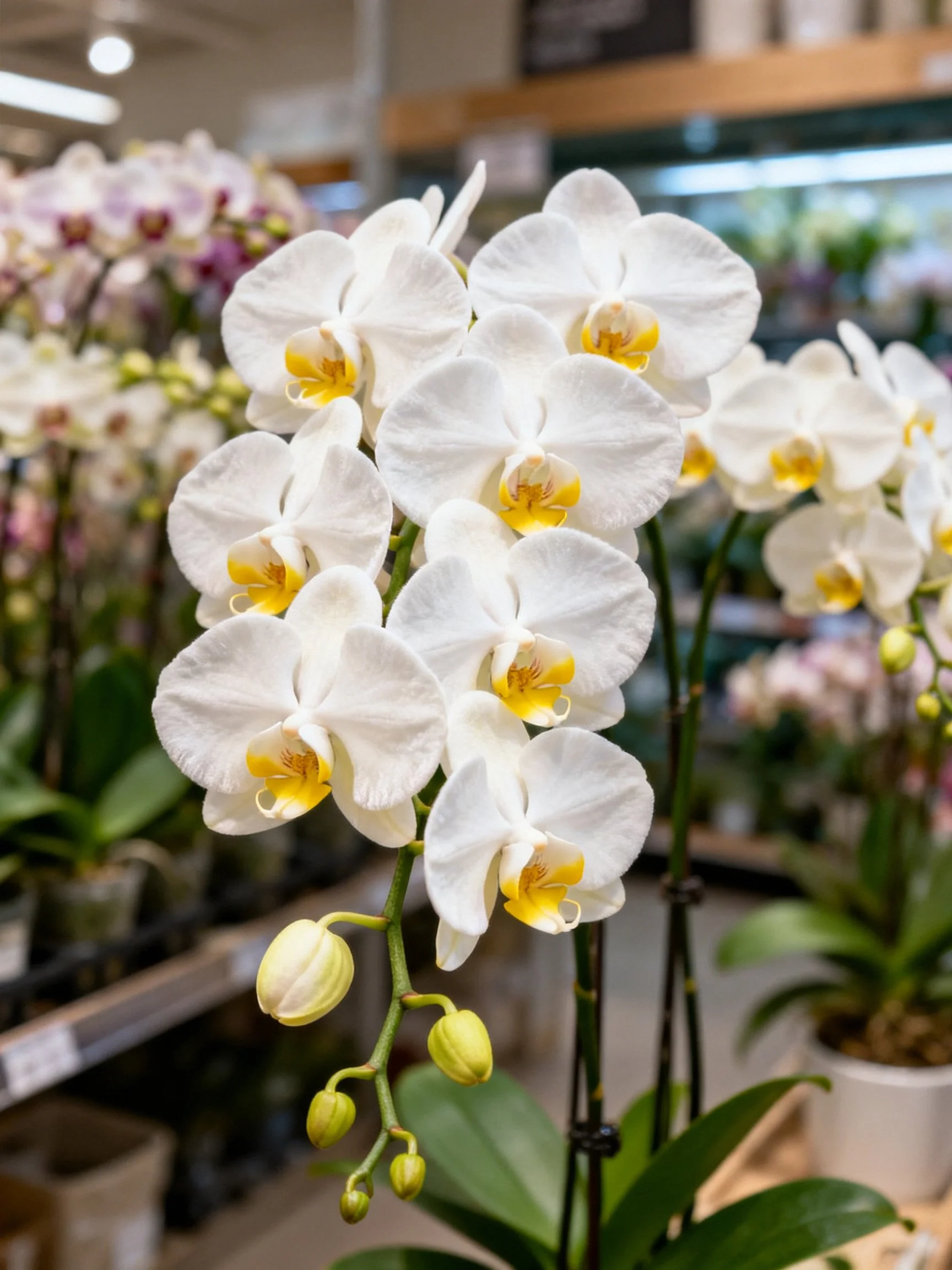 White orchids with yellow centers arranged in a floral shop