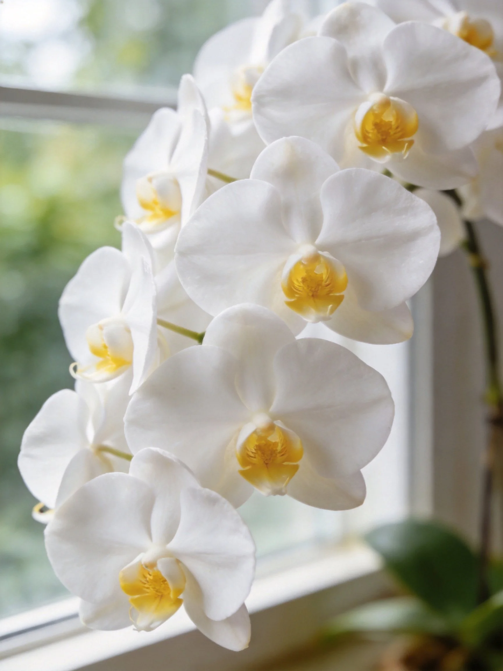 White orchids with yellow centers by a bright window