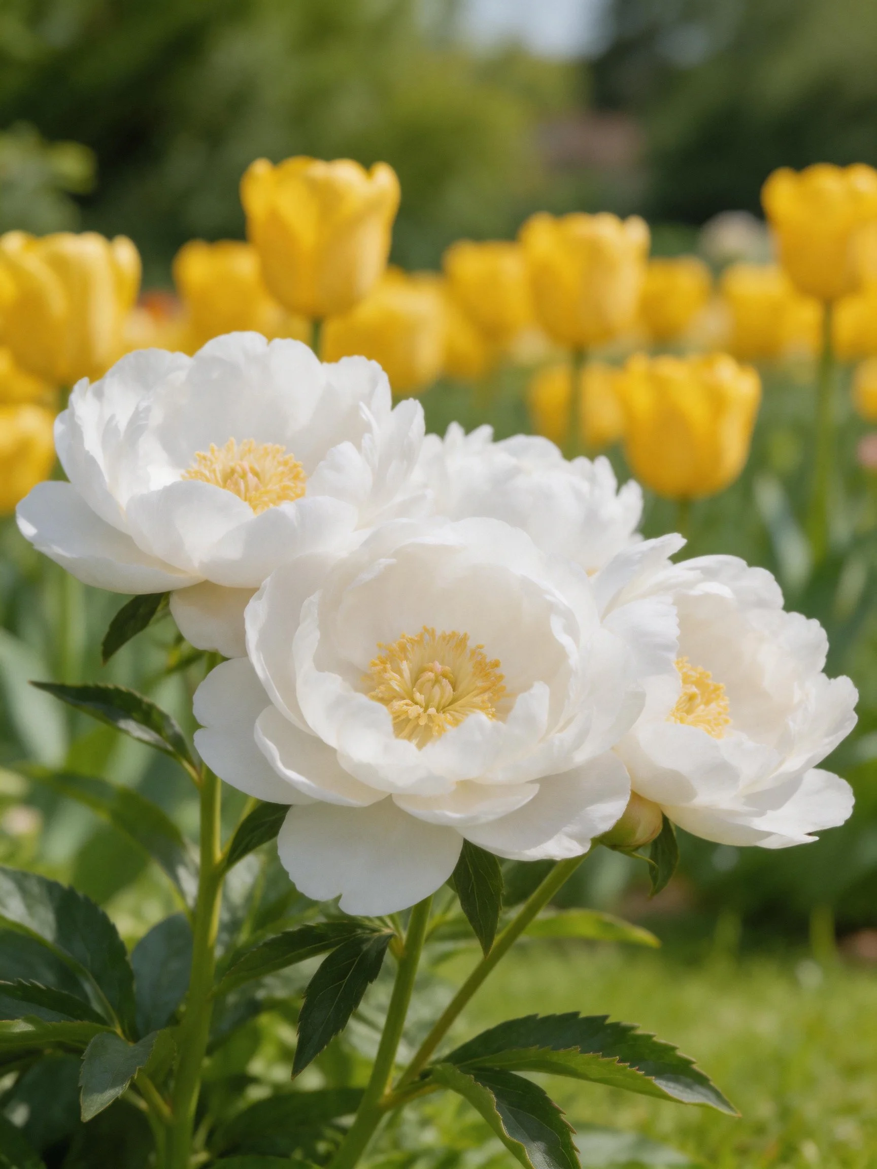 White peonies and yellow tulips blooming in a sunny garden