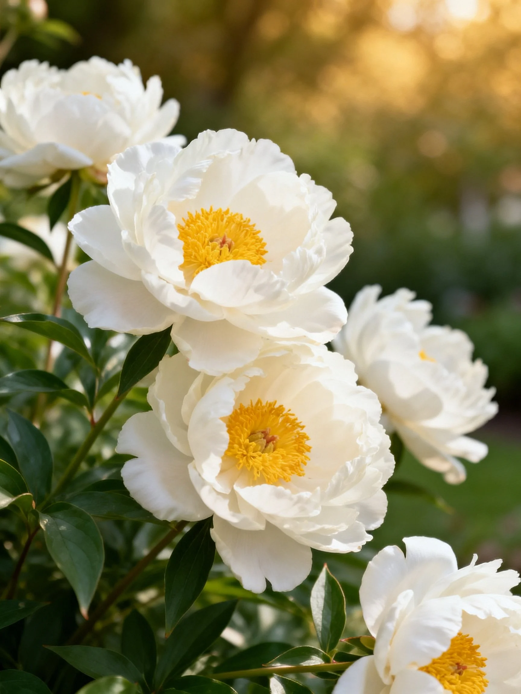 White peonies with golden centers among green foliage