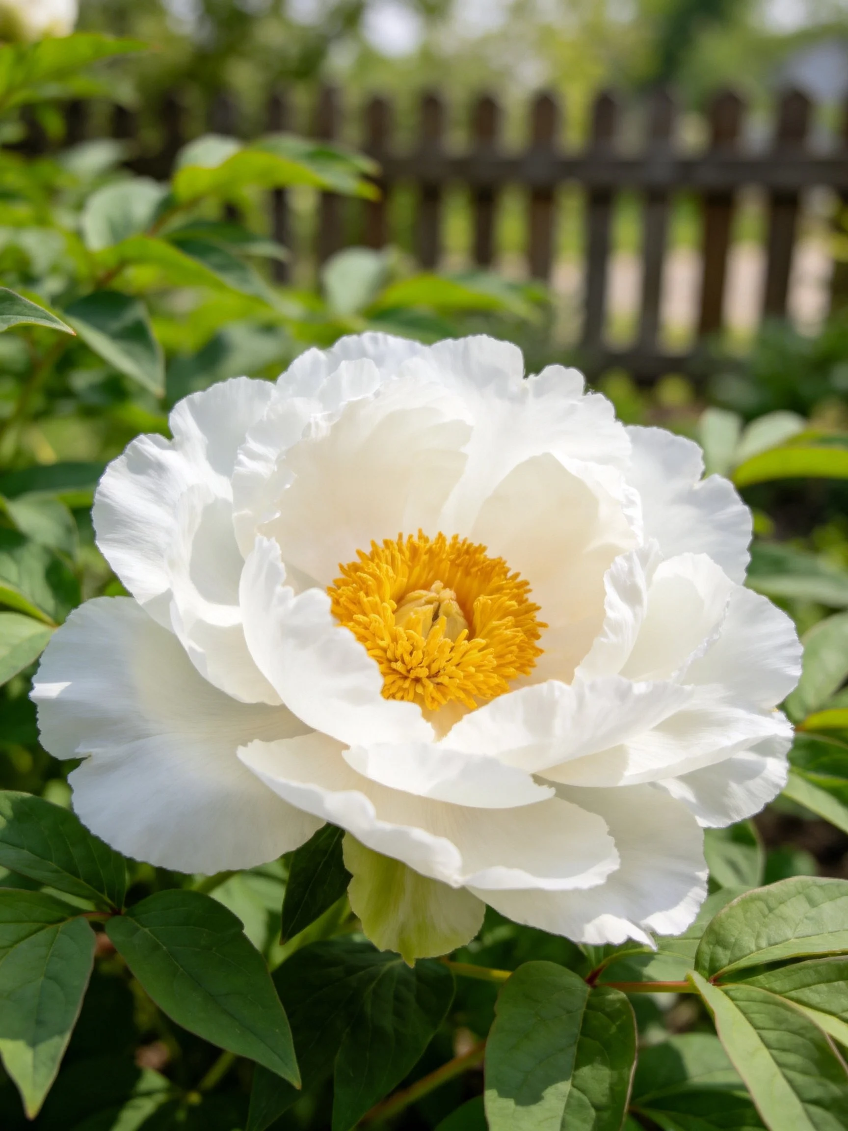 White peony bloom with golden center amid lush greenery