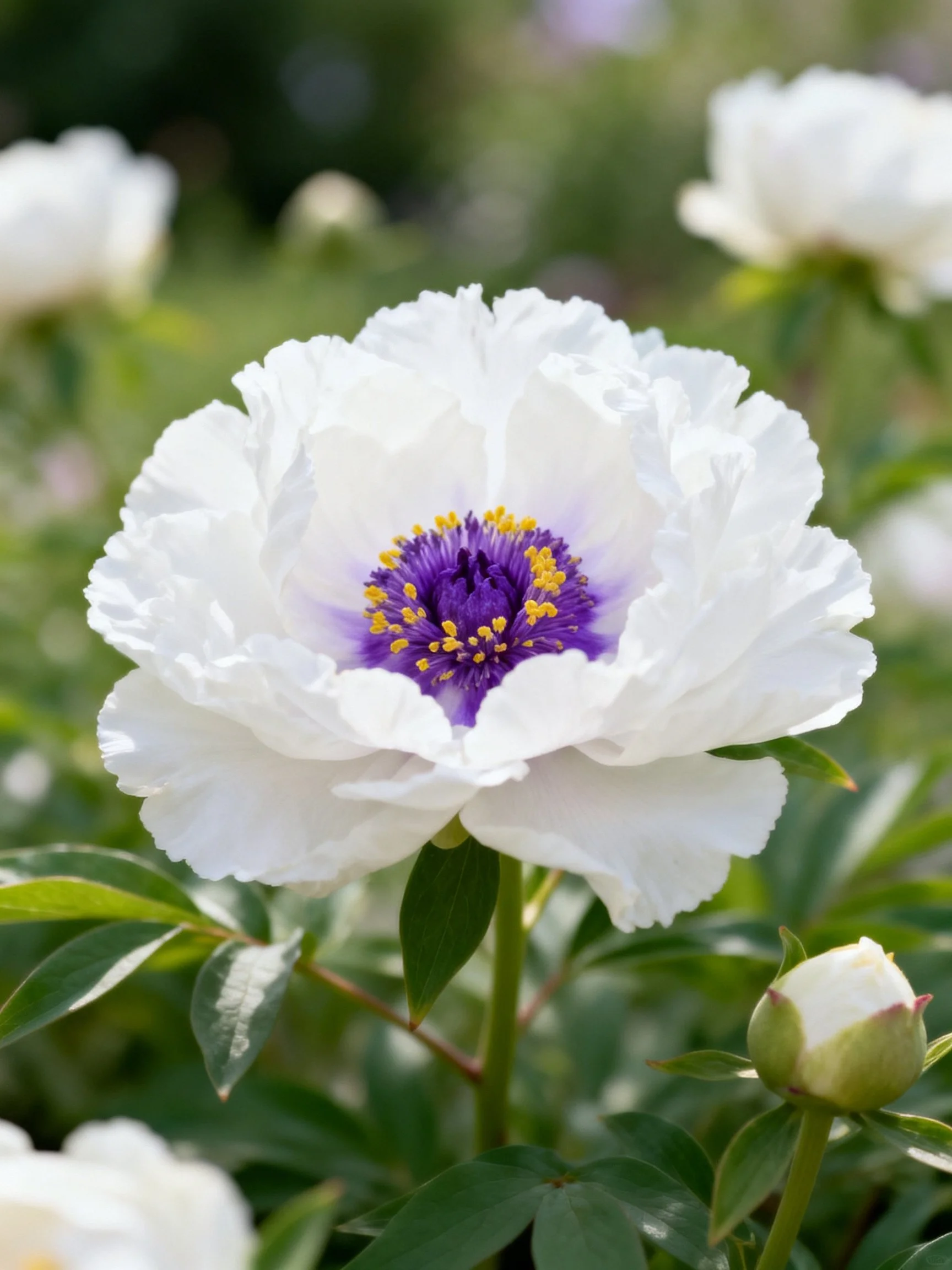 White peony with purple center among green foliage