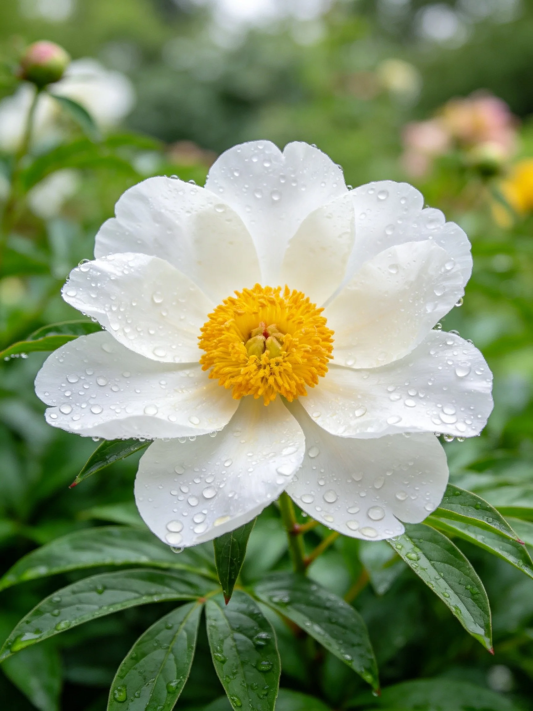 White peony with water droplets and yellow center
