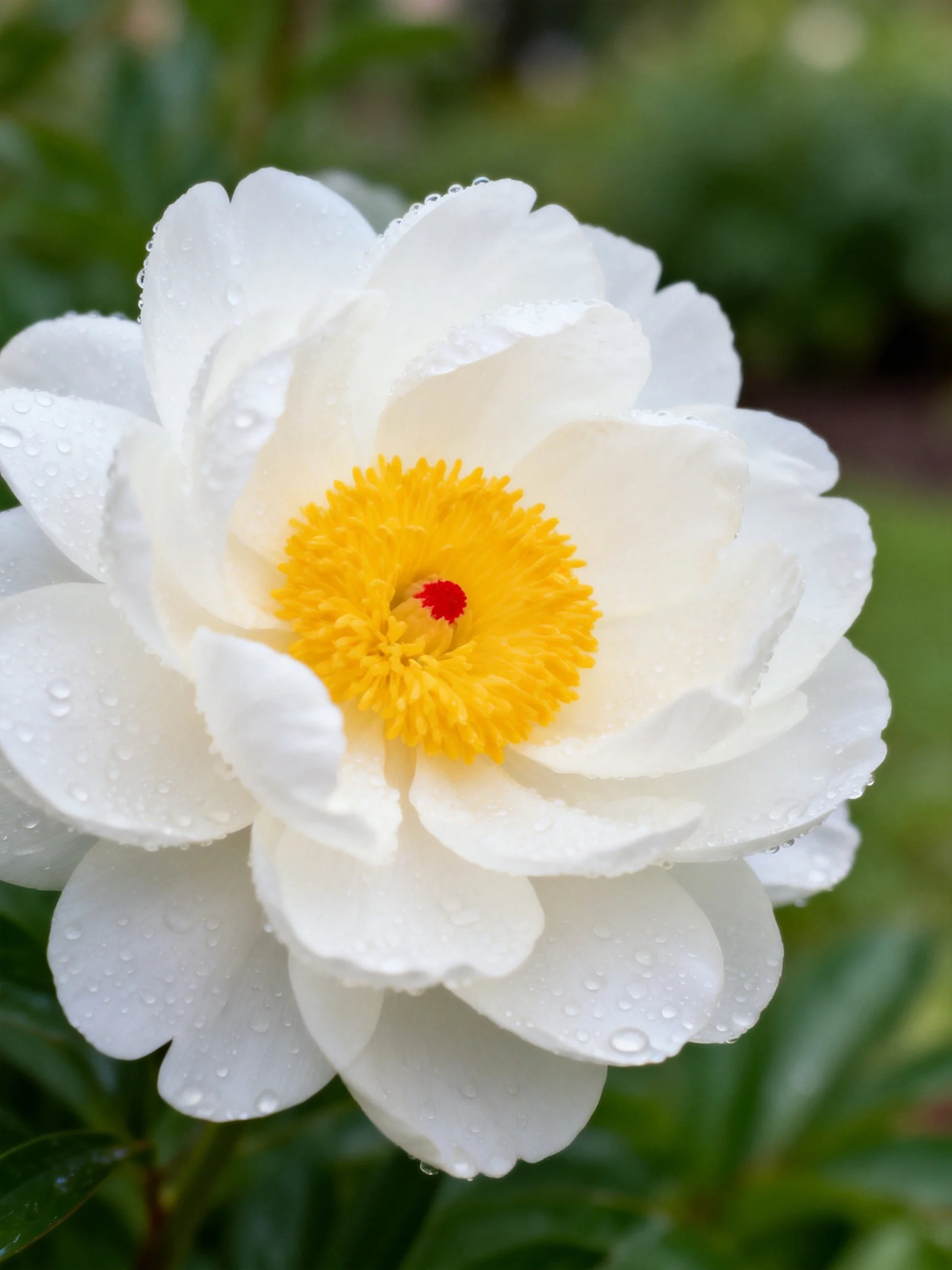 White peony with yellow center, red dot, and water droplets