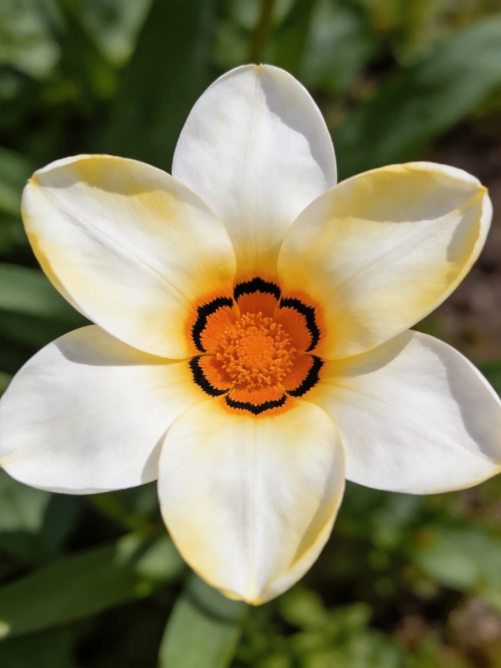 White-petaled flower with yellow-orange center and black accents