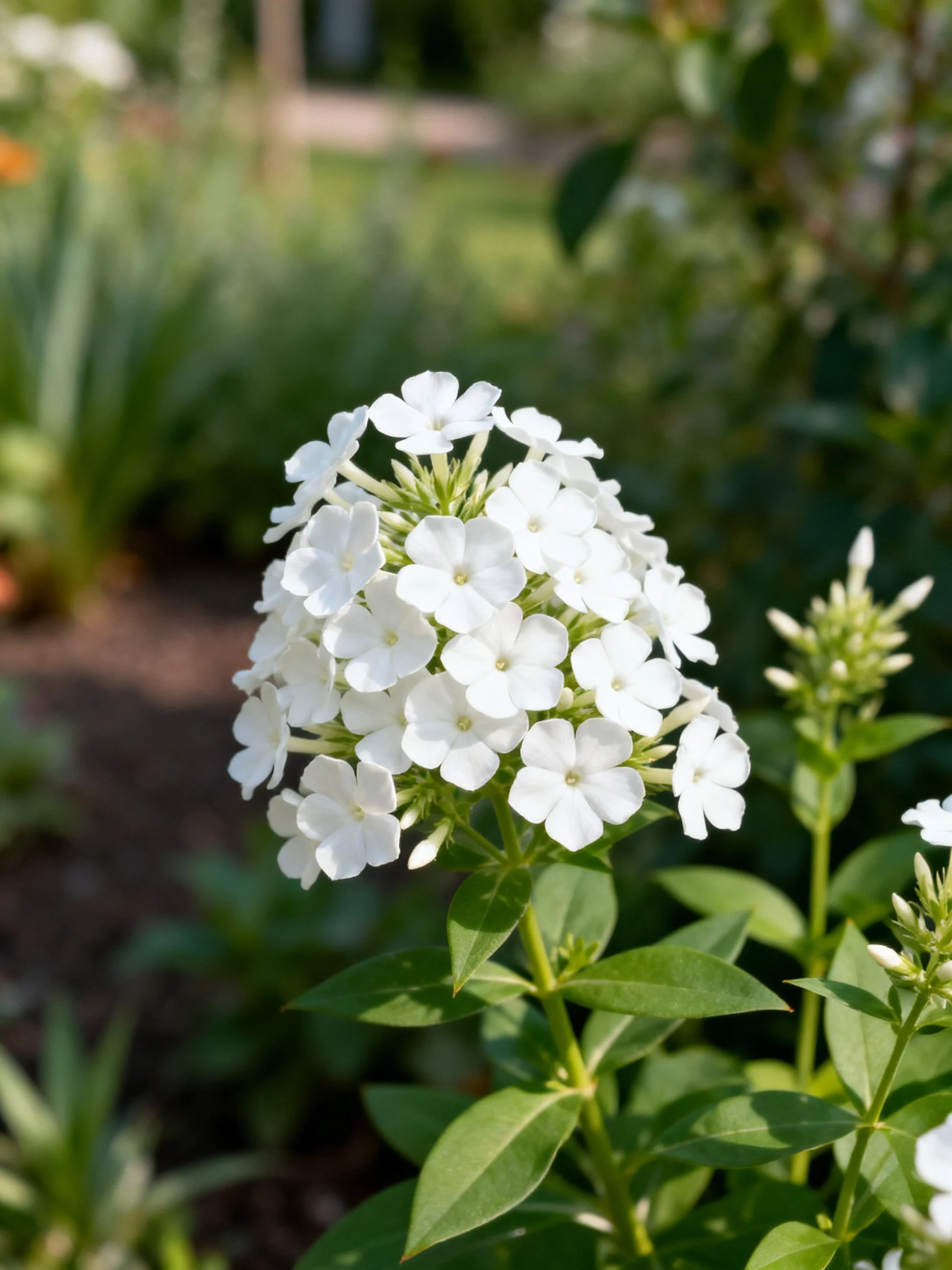 White phlox blooms clustered in sunlit garden