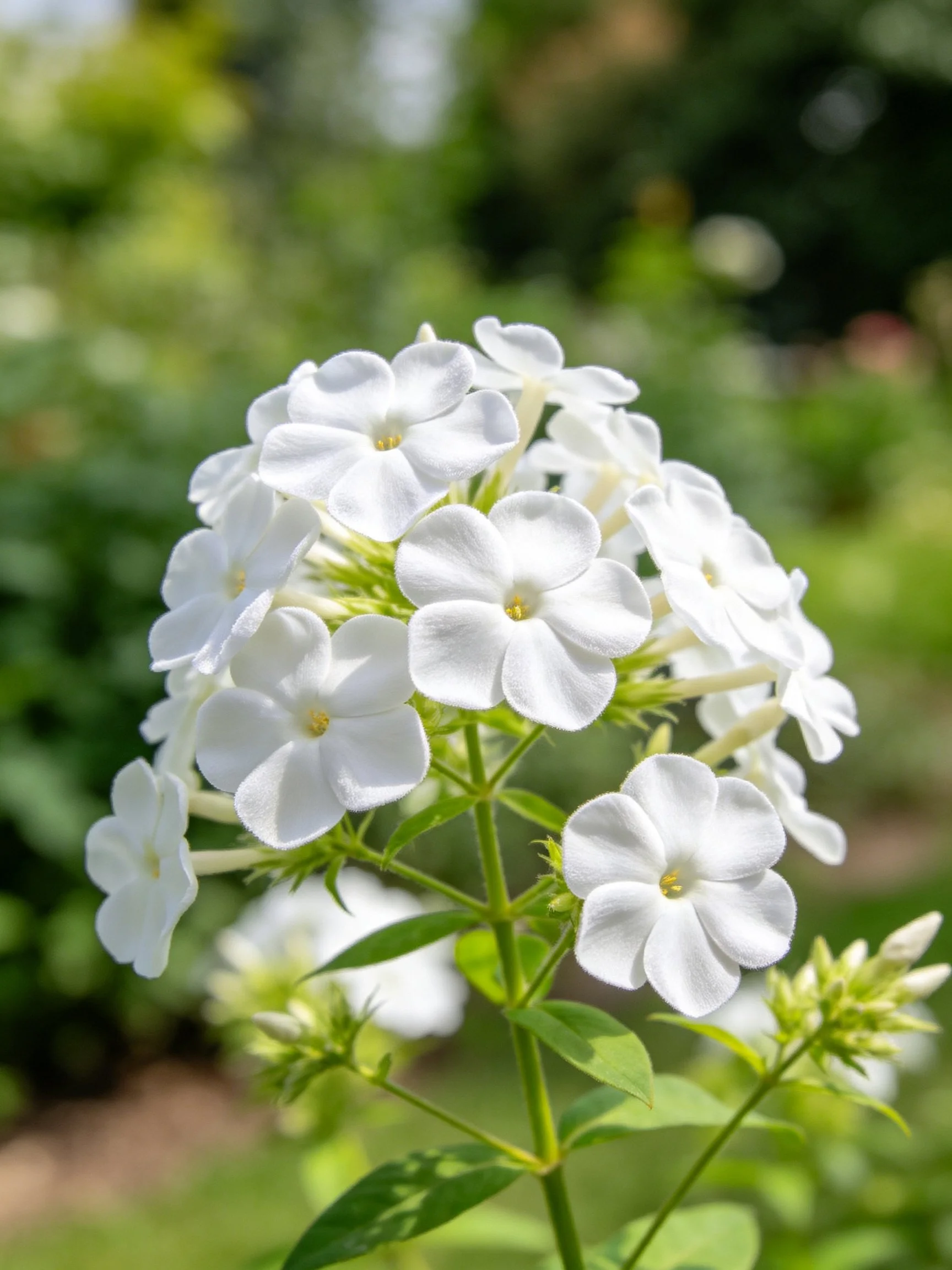 White phlox flower cluster with green foliage in garden