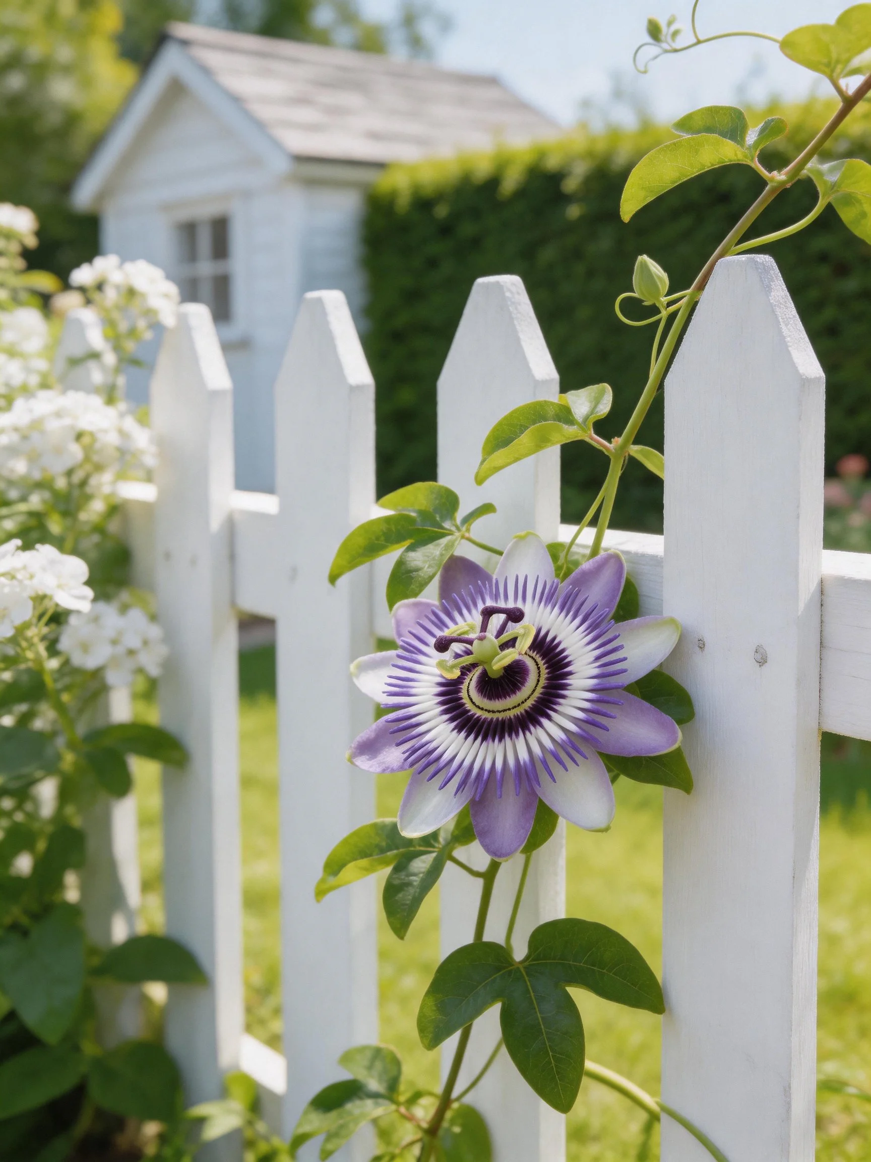 White picket fence with a purple passionflower and a small blue house
