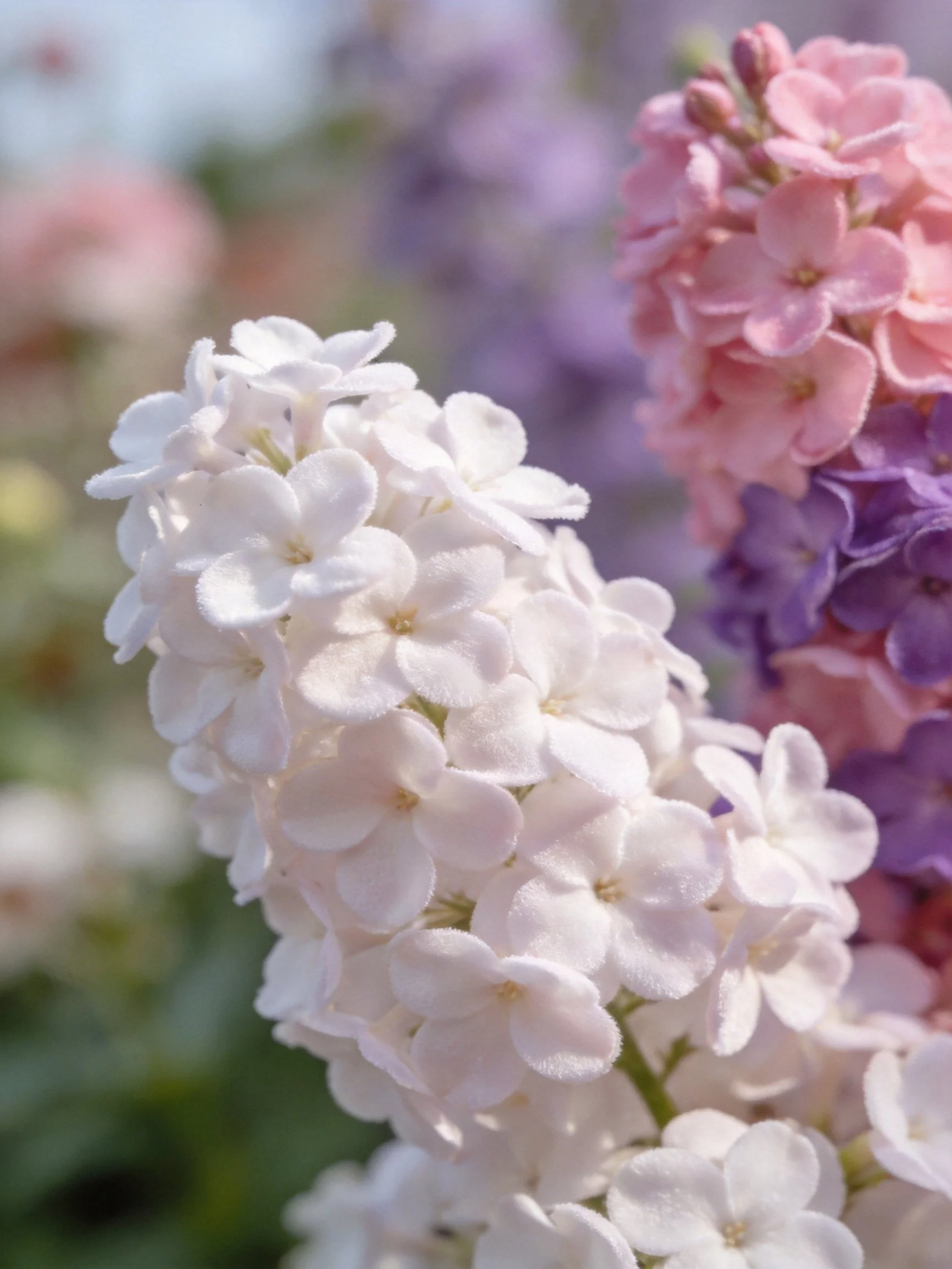 White, pink, and purple lilacs clustered in soft focus