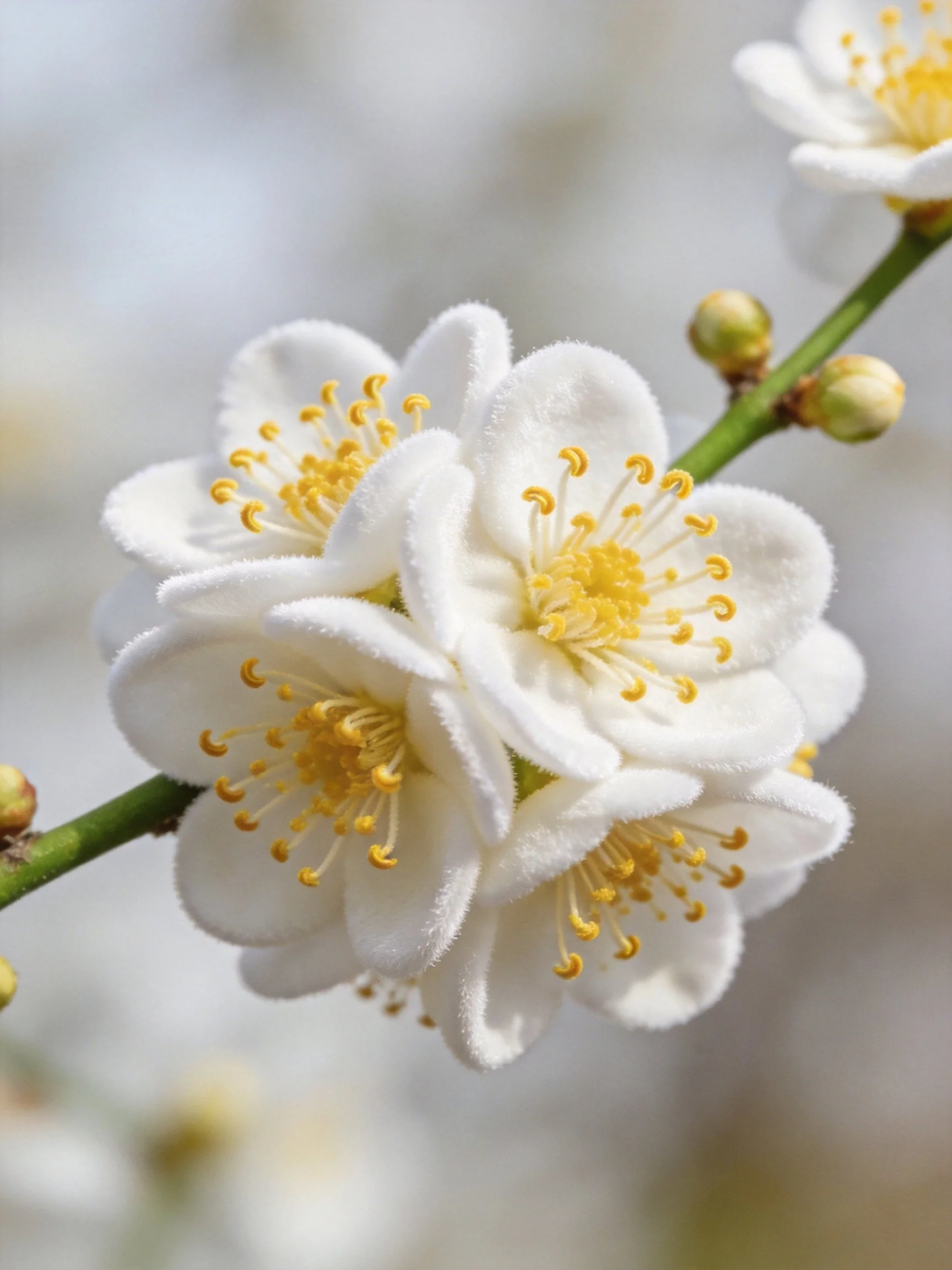White plum blossoms with golden stamens on green branches