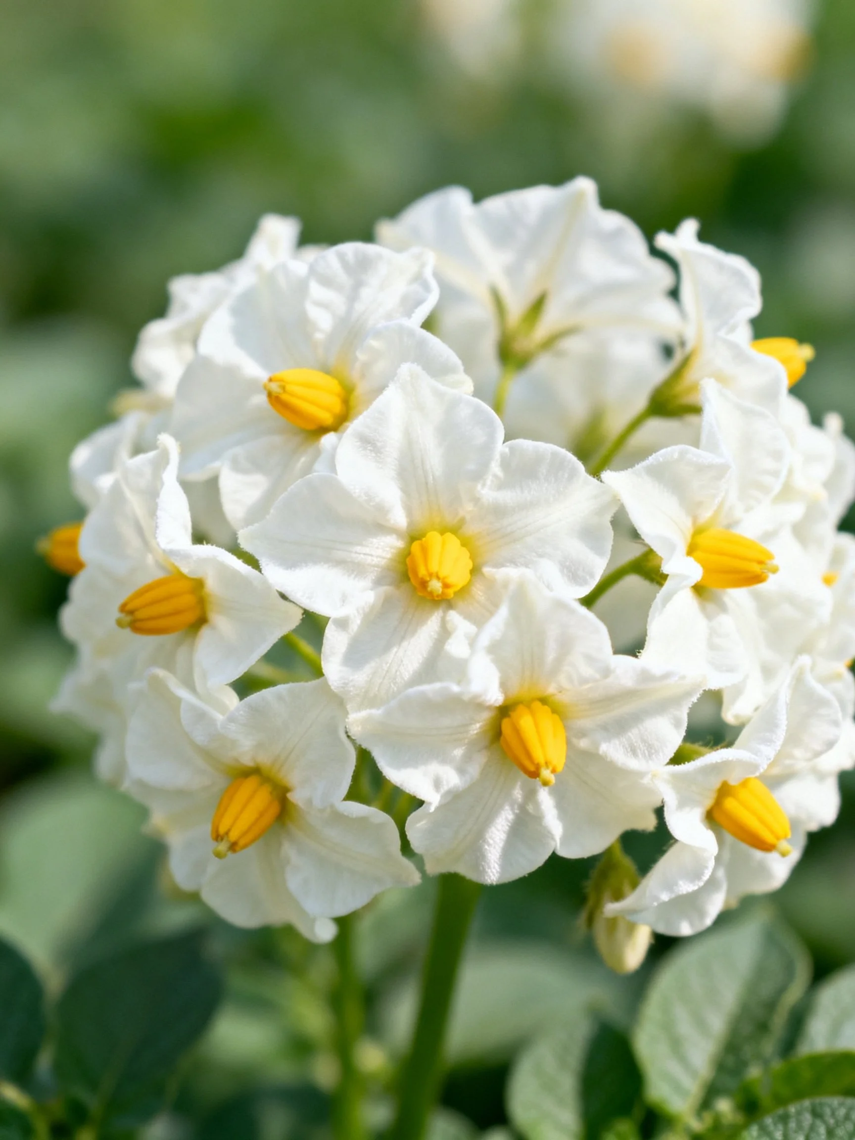 White potato flowers cluster with yellow centers amid green leaves