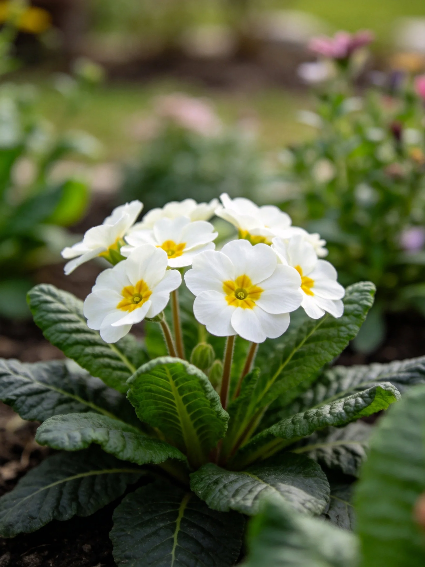 White primrose flowers with yellow centers amid dark green foliage