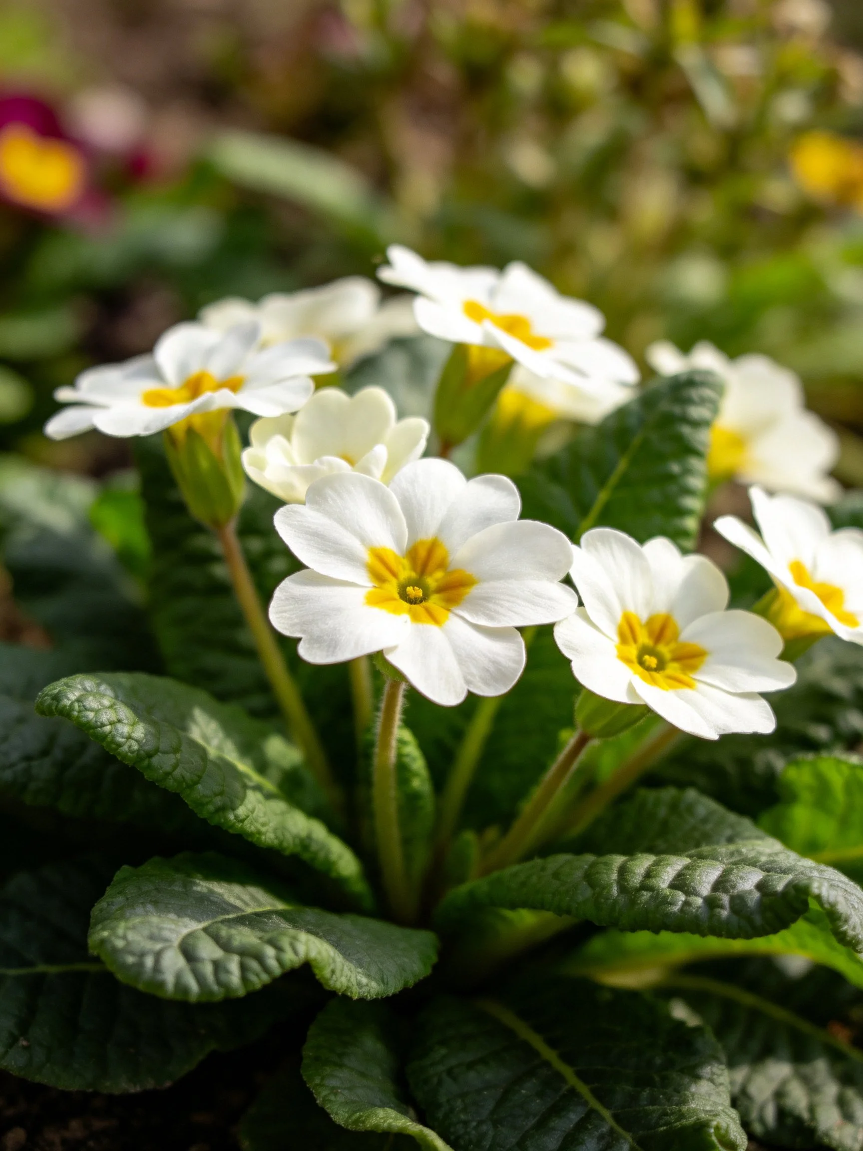 White primrose flowers with yellow centers among textured green foliage