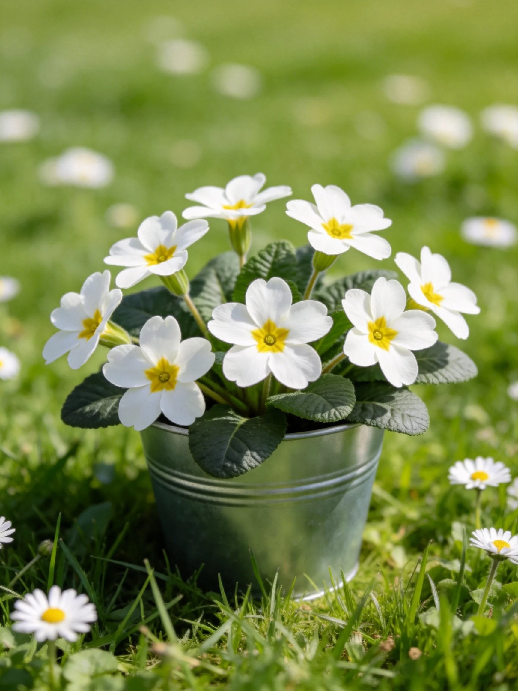 White primroses in a metallic bucket among green grass and daisies