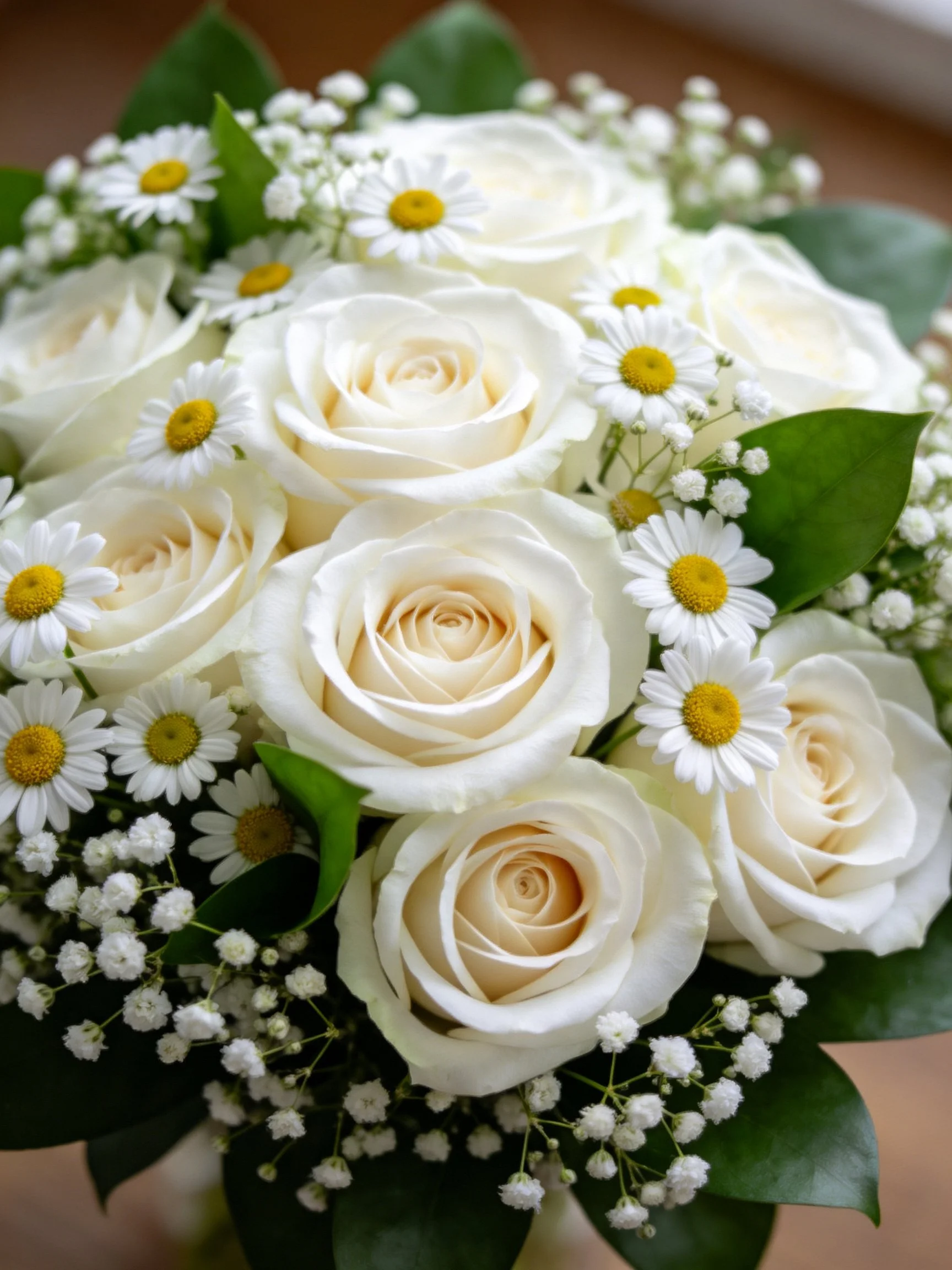 White rose and daisy bouquet with baby’s breath and green leaves