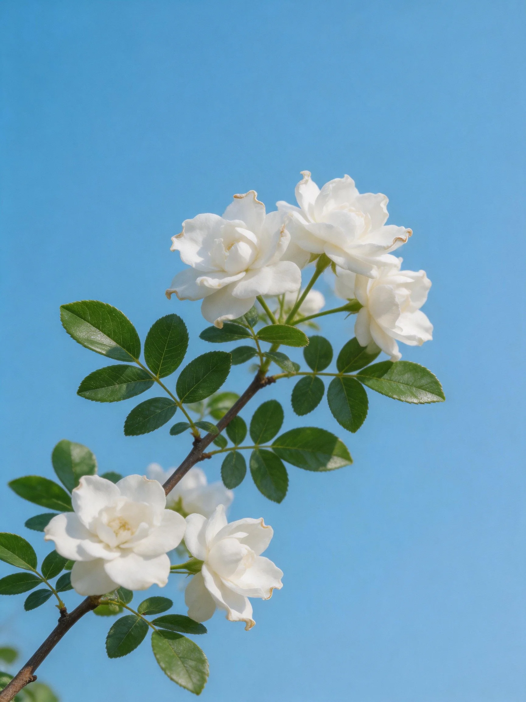White rose blossoms with green foliage against a clear blue sky