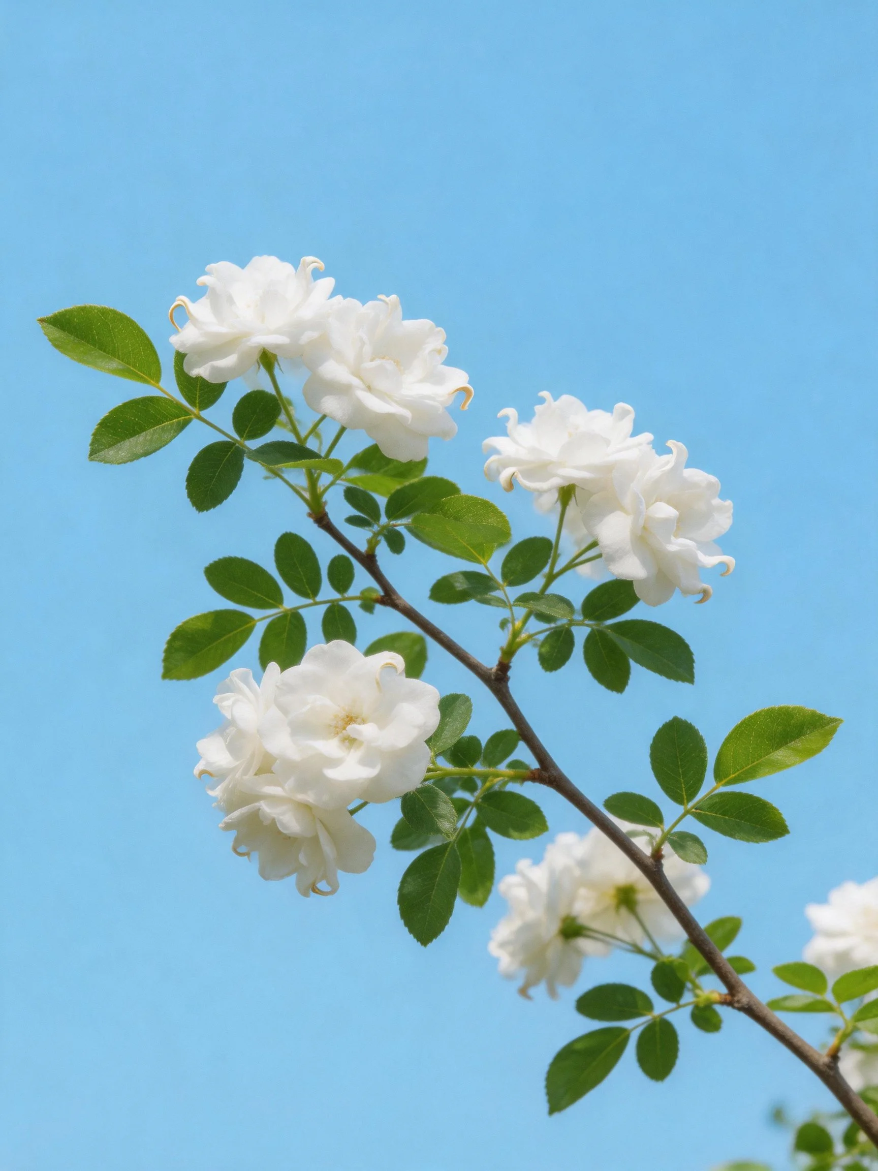 White rose blossoms with green leaves against clear blue sky