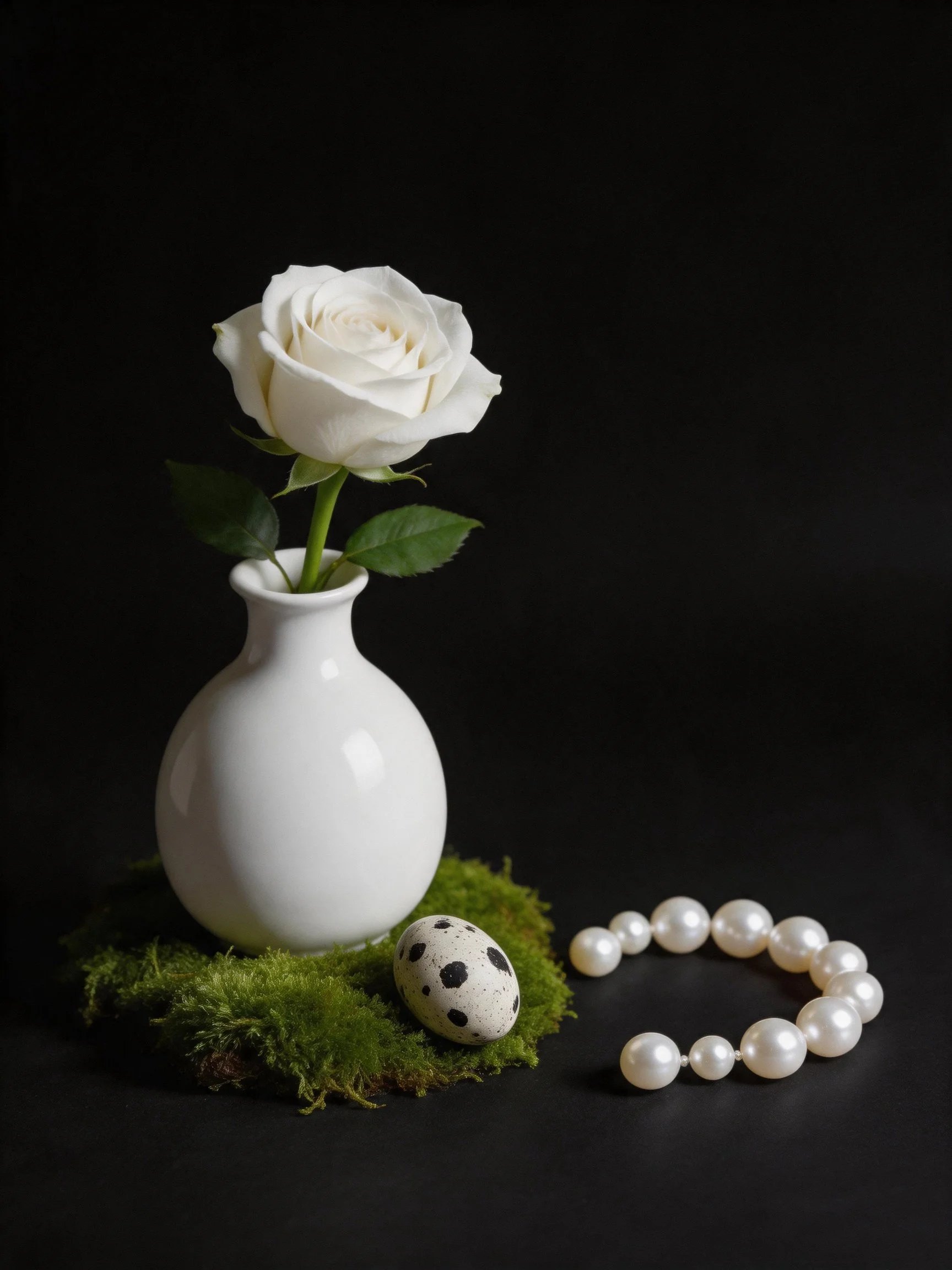 White rose in vase with moss, egg, and pearls