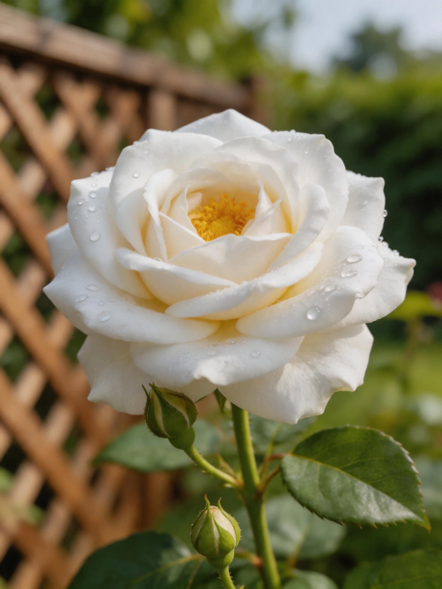 White rose with dew drops near wooden lattice