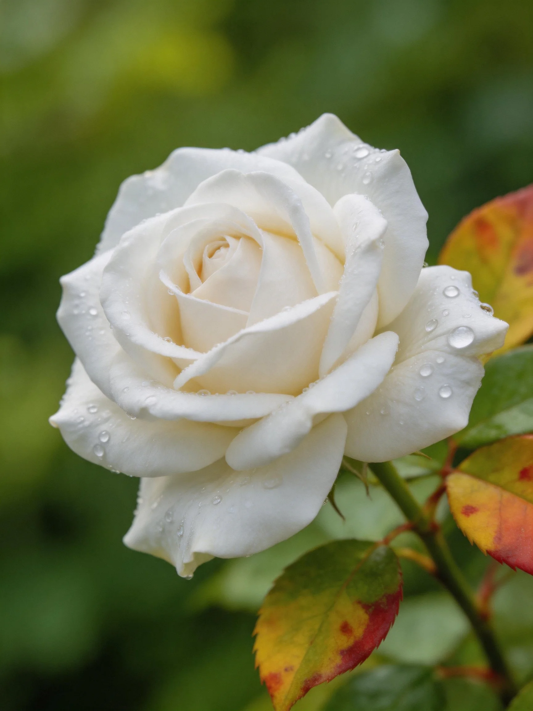 White rose with dewdrops and multicolored leaves