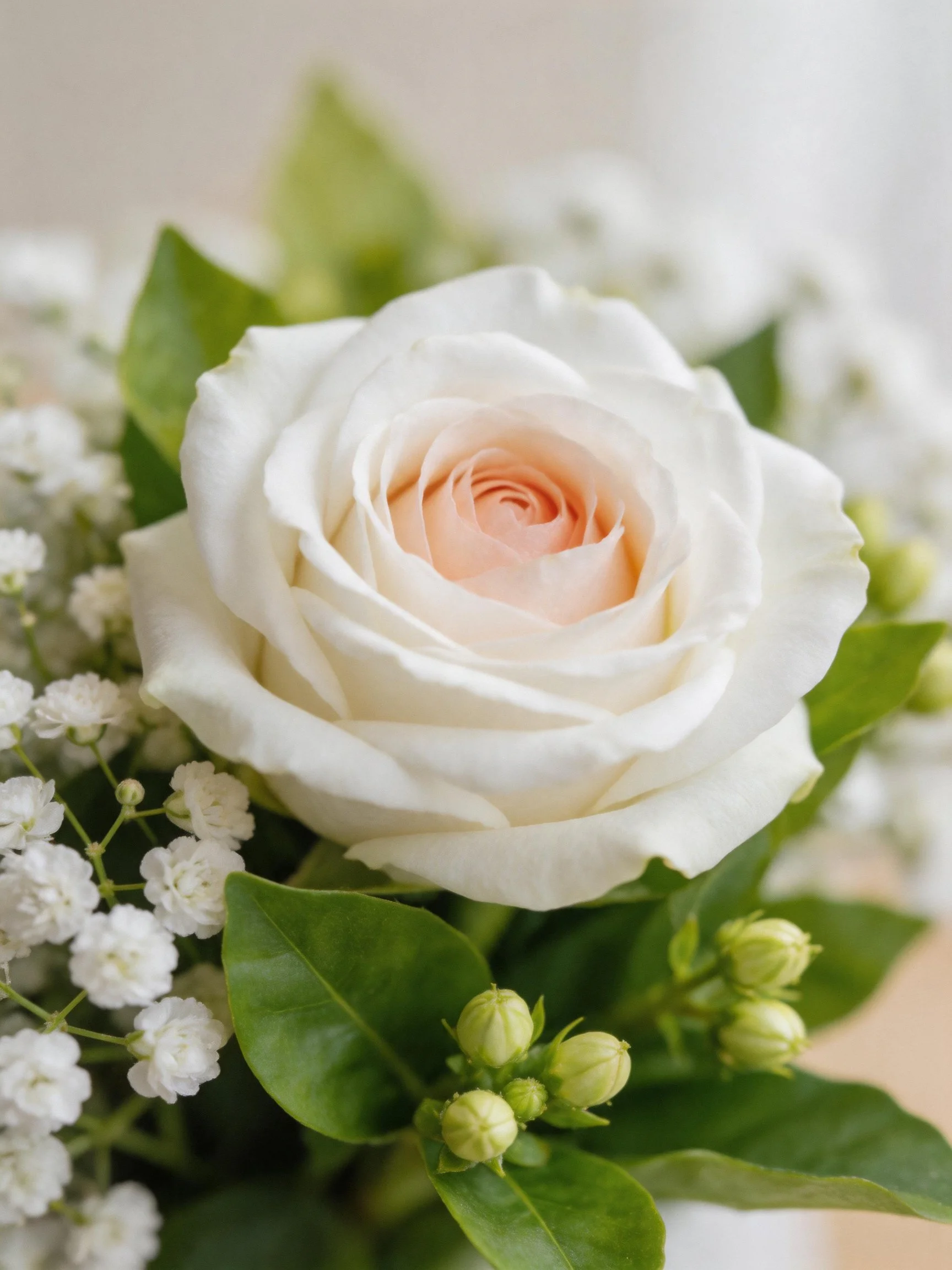 White rose with pink center, baby’s breath, and green foliage