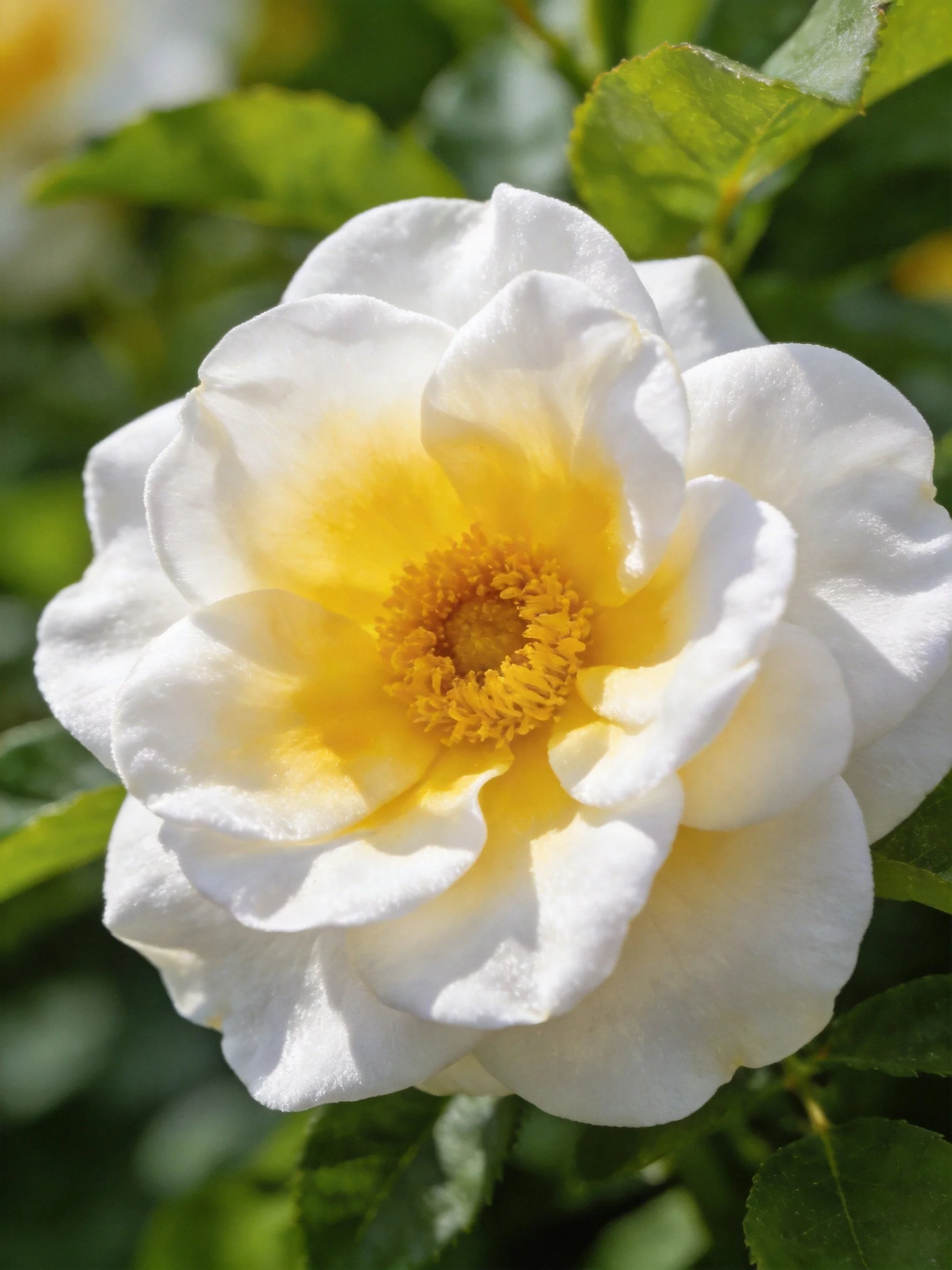 White rose with yellow center and green foliage