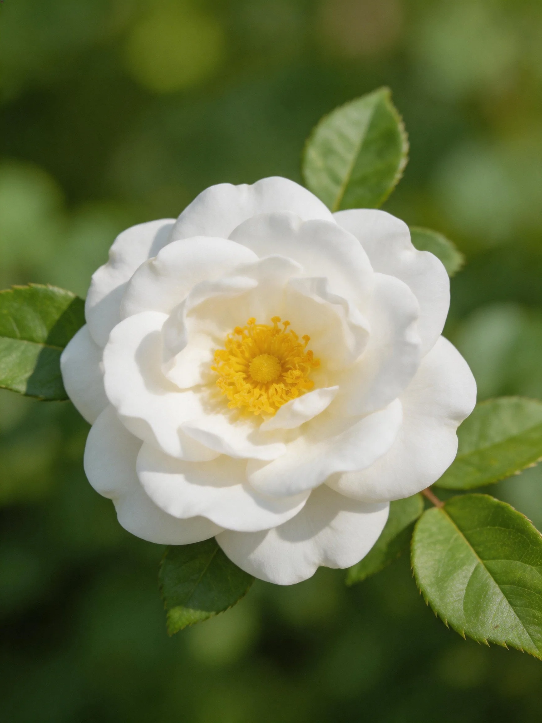 White rose with yellow center and green leaves
