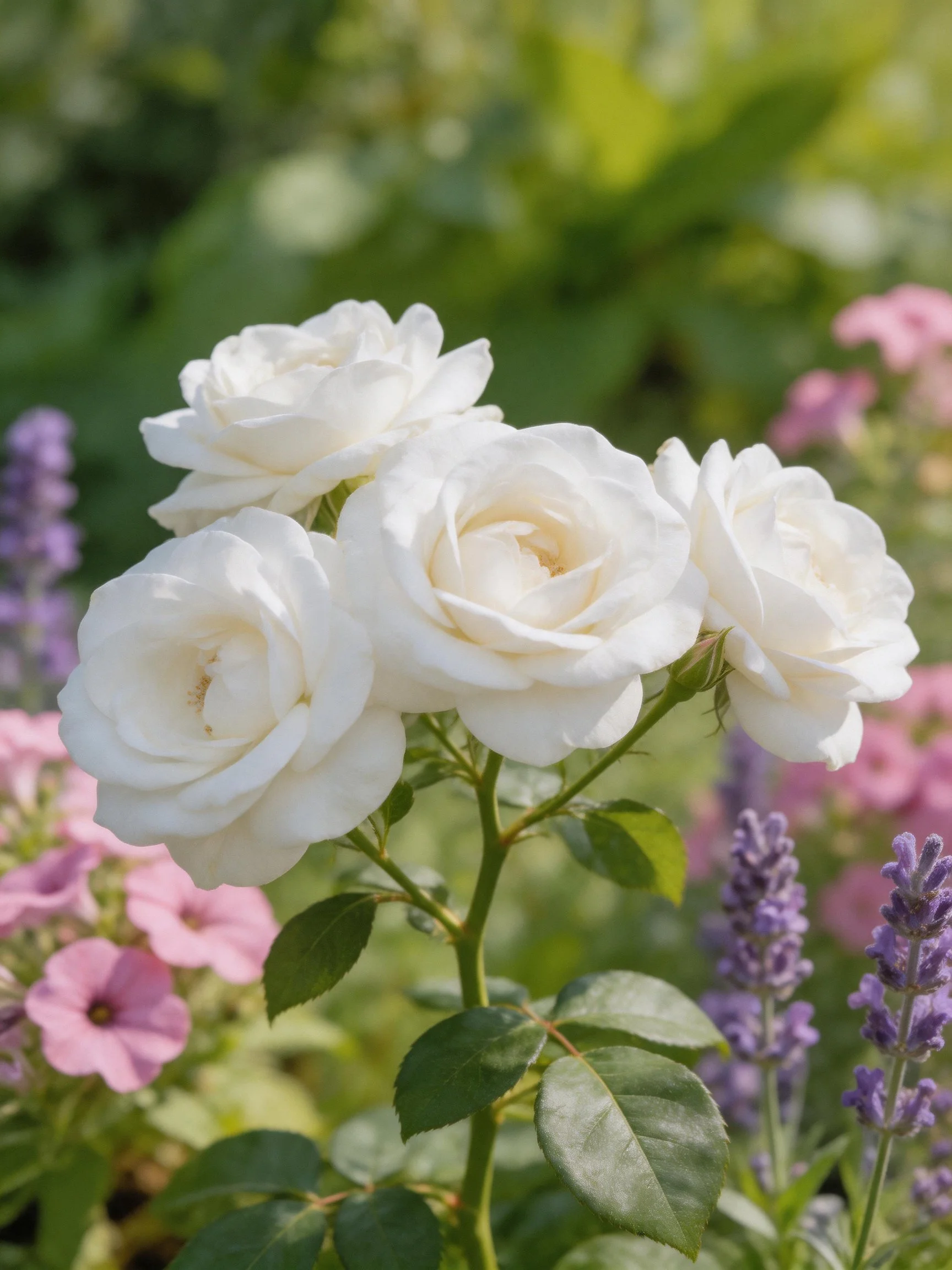 White roses blooming among pink and lavender flowers in a lush garden