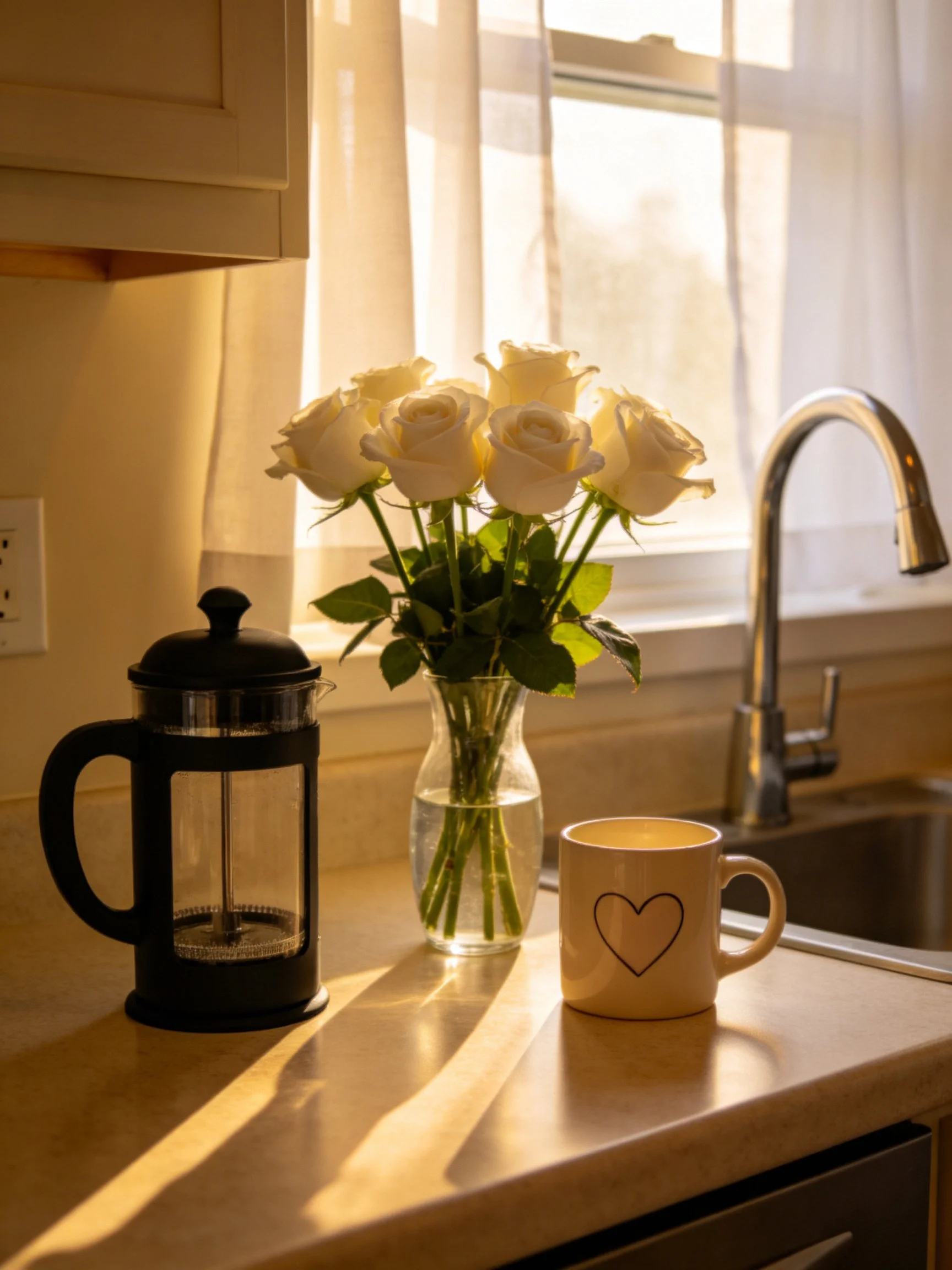 White roses in a vase, a black French press, and a heart mug on a sunlit kitchen counter.