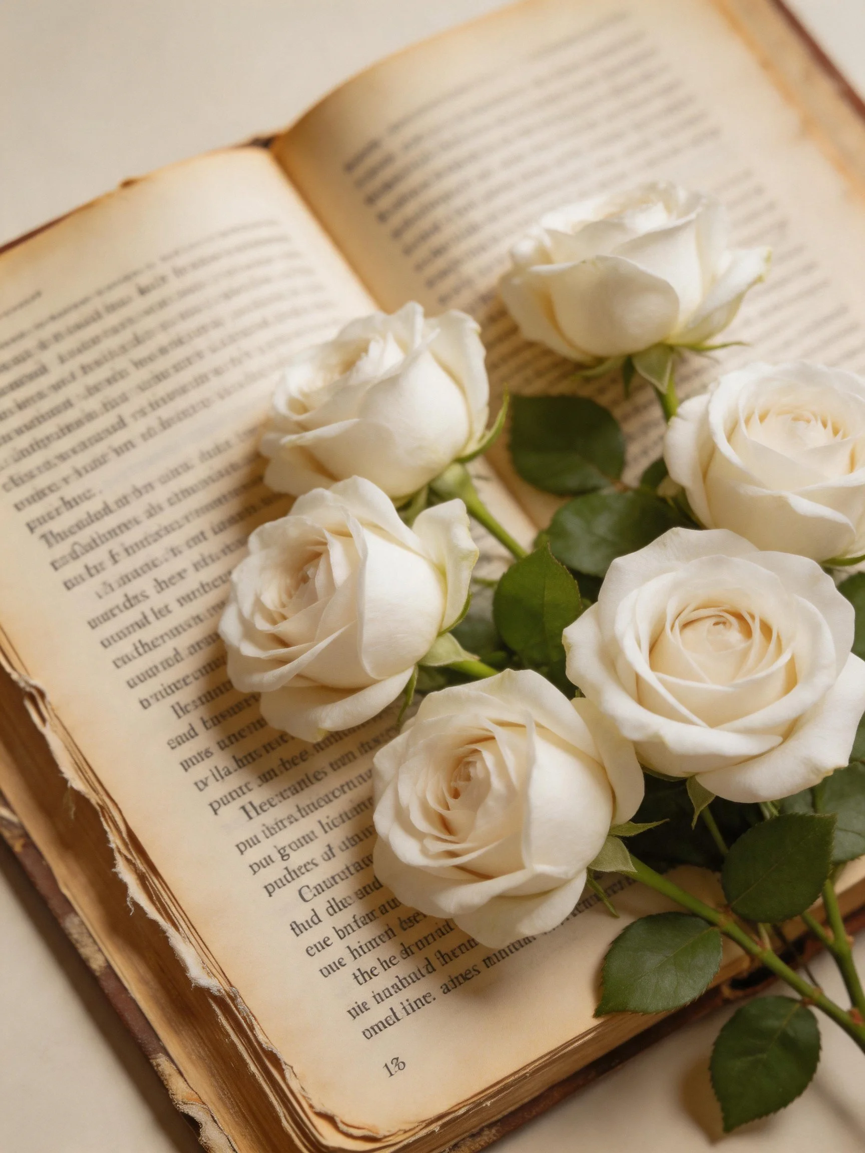 White roses placed on an aged open book with yellowed pages