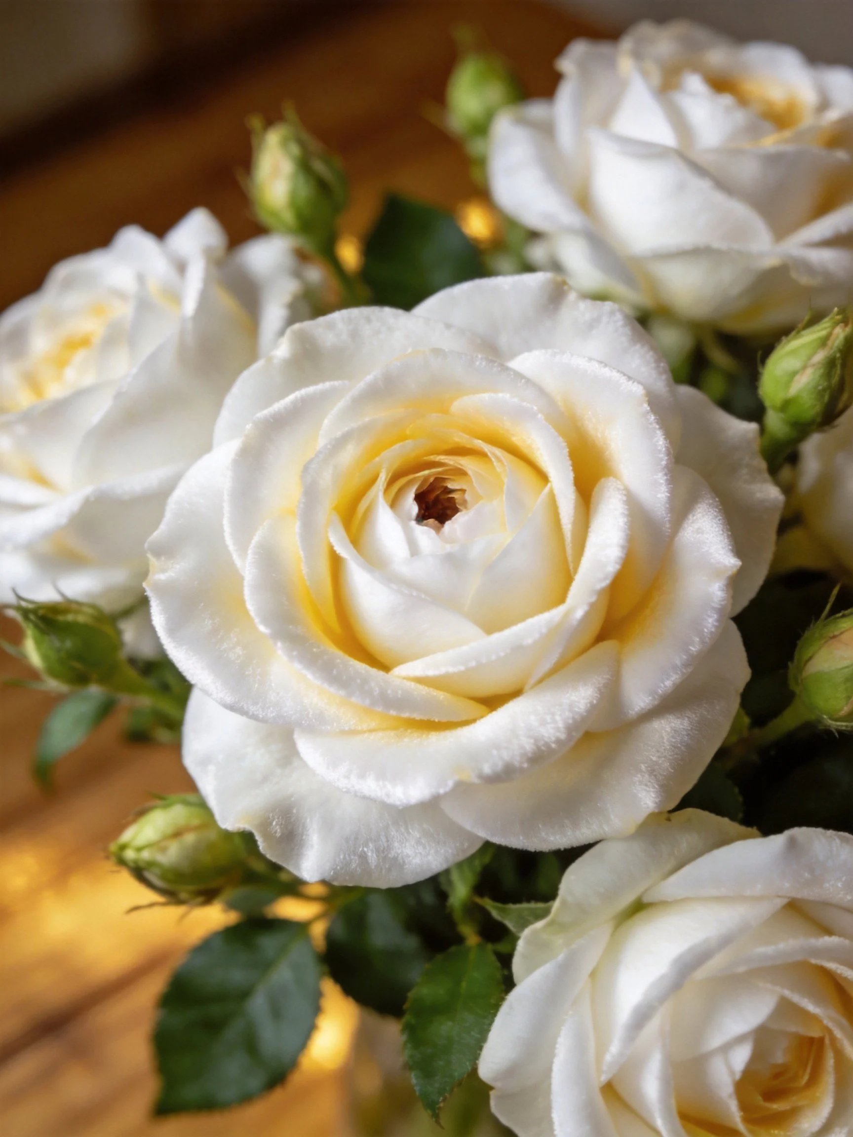 White roses with yellow centers and green buds in warm lighting