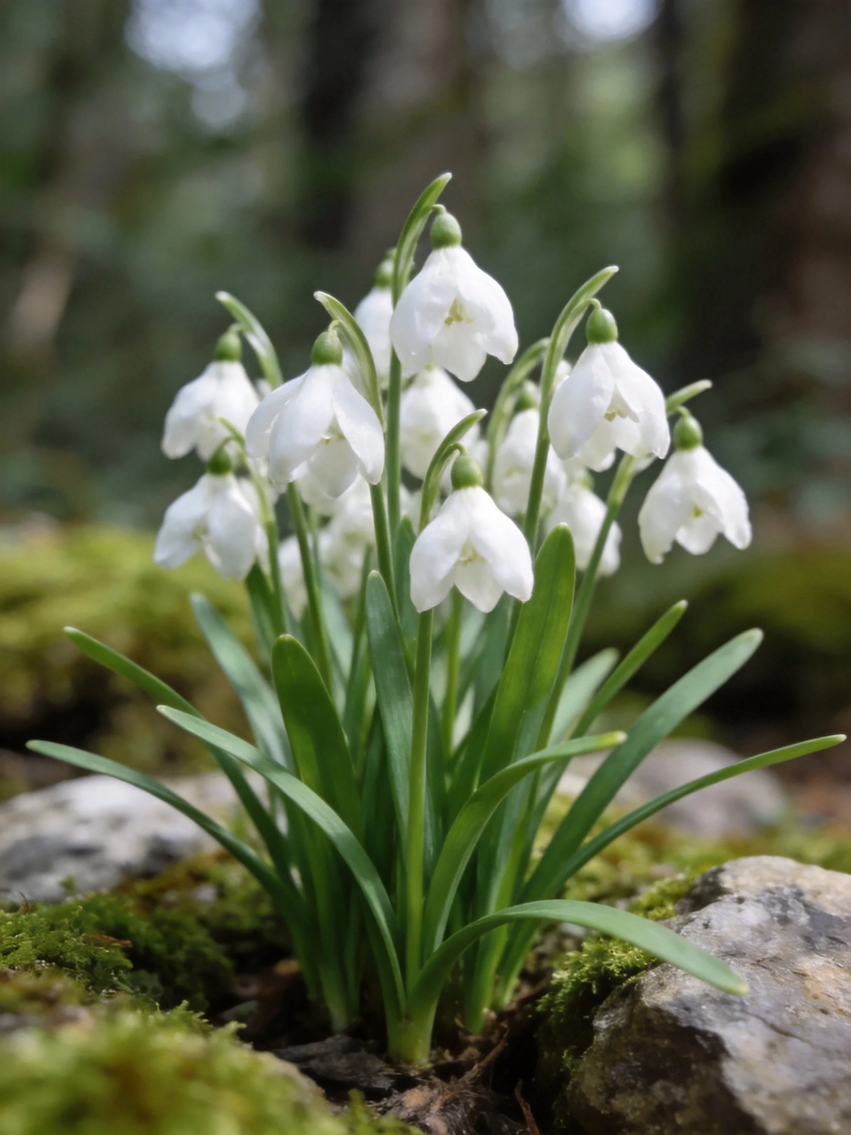 White snowdrop blooms nestled among mossy rocks in a forest