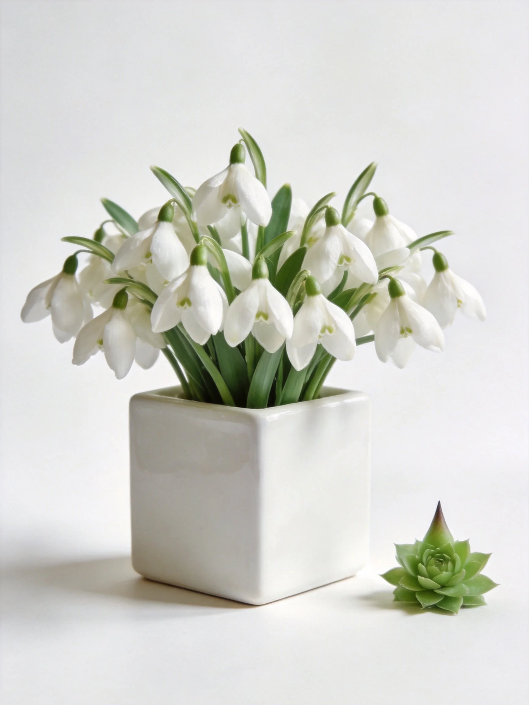 White snowdrop bouquet in square vase with small succulent nearby